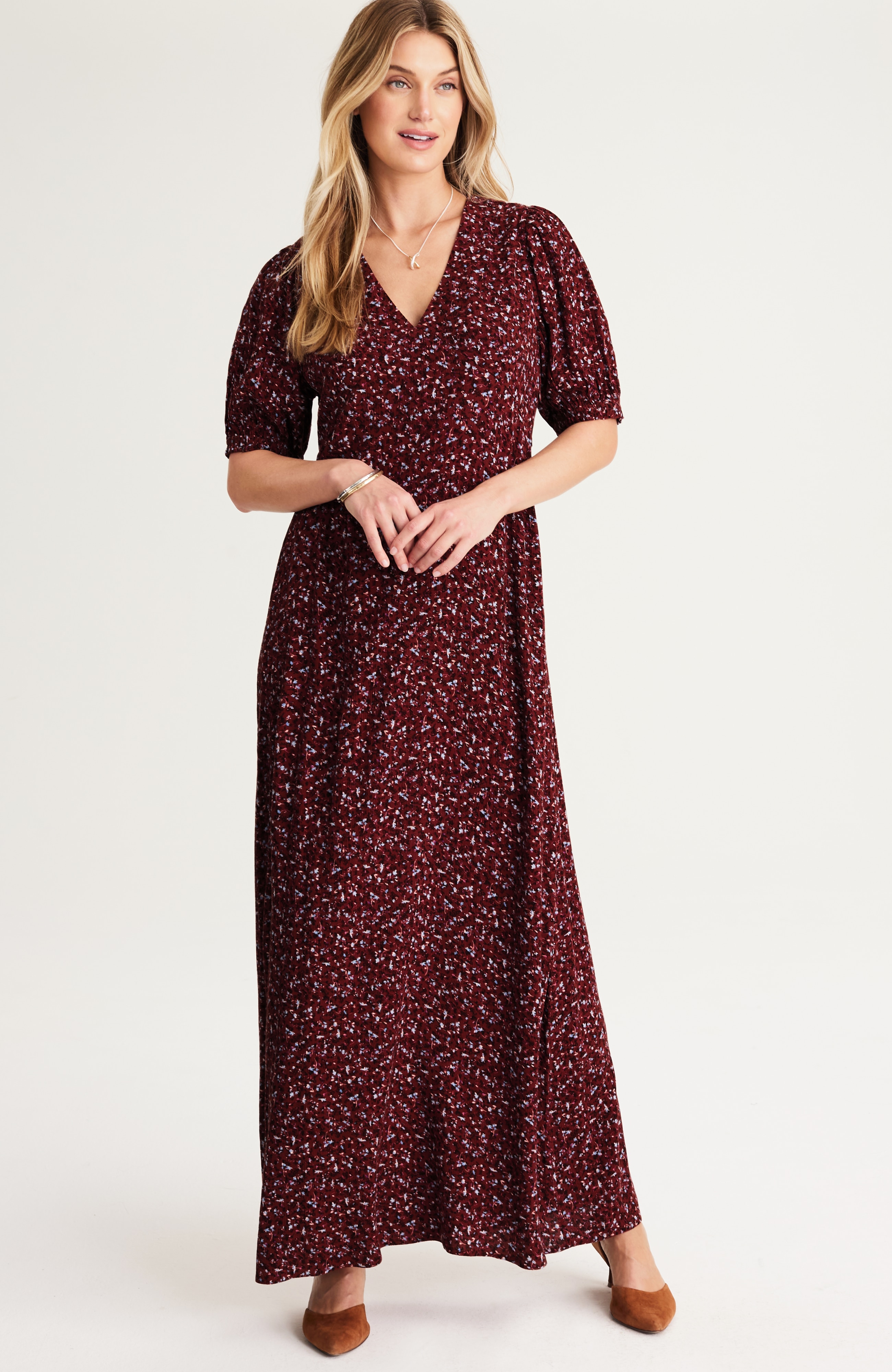 ruffled-sleeve floral maxi dress