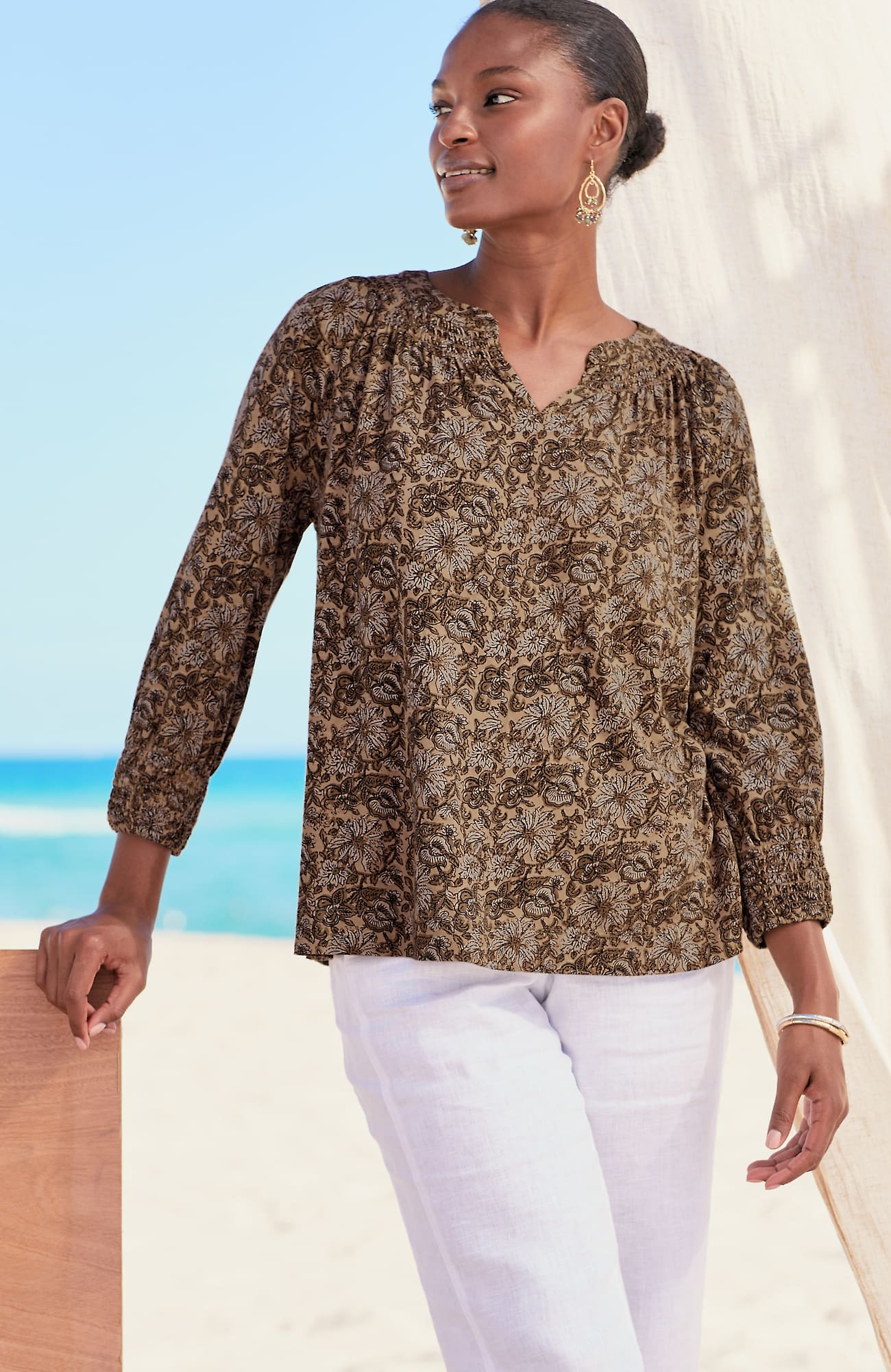 Jjill J.jill Pure Jill Smocked Block-printed Top