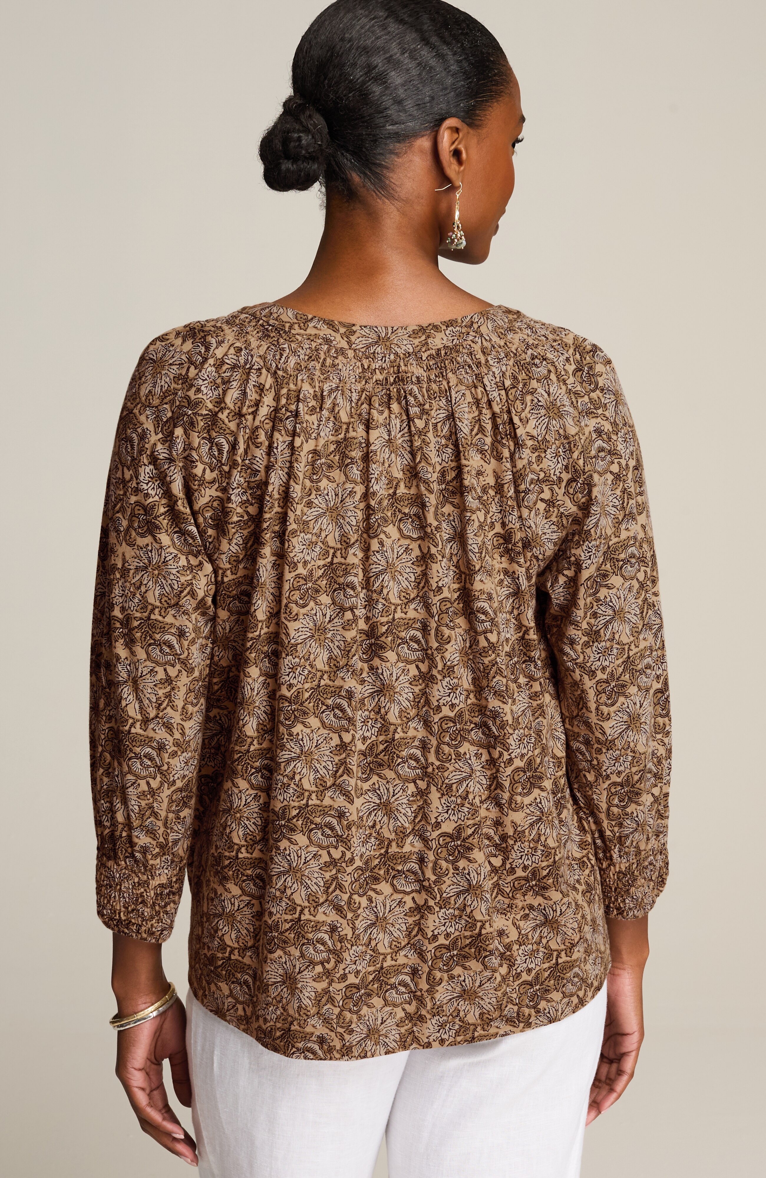 pure jill smocked block-printed top
