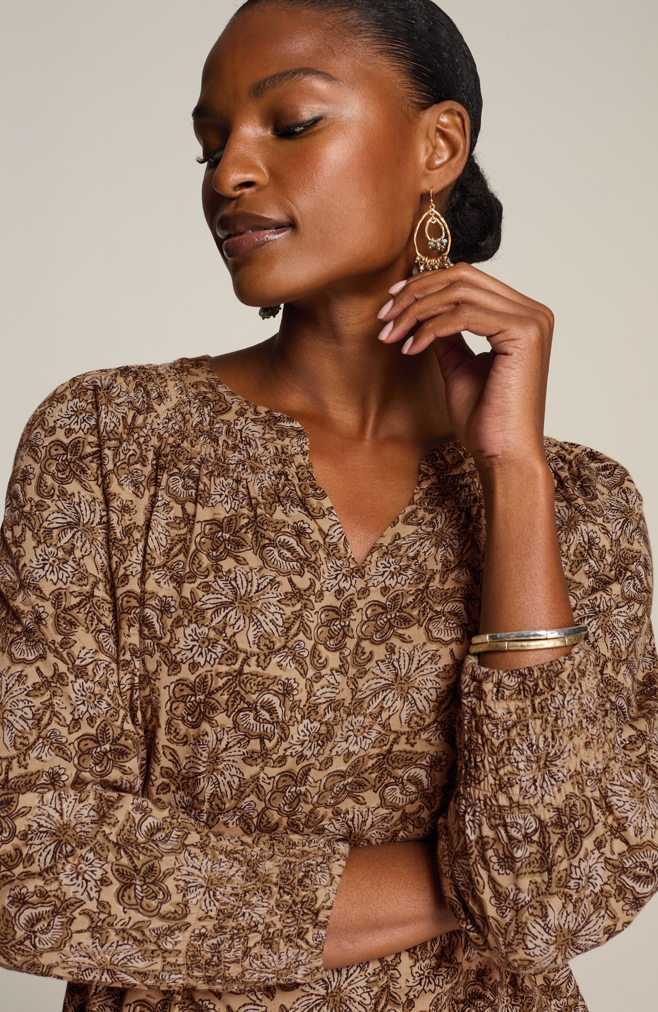 pure jill smocked block-printed top
