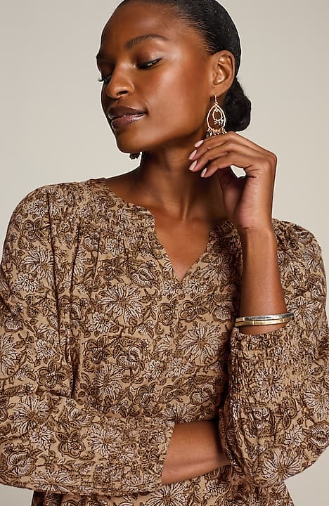 pure jill smocked block-printed top