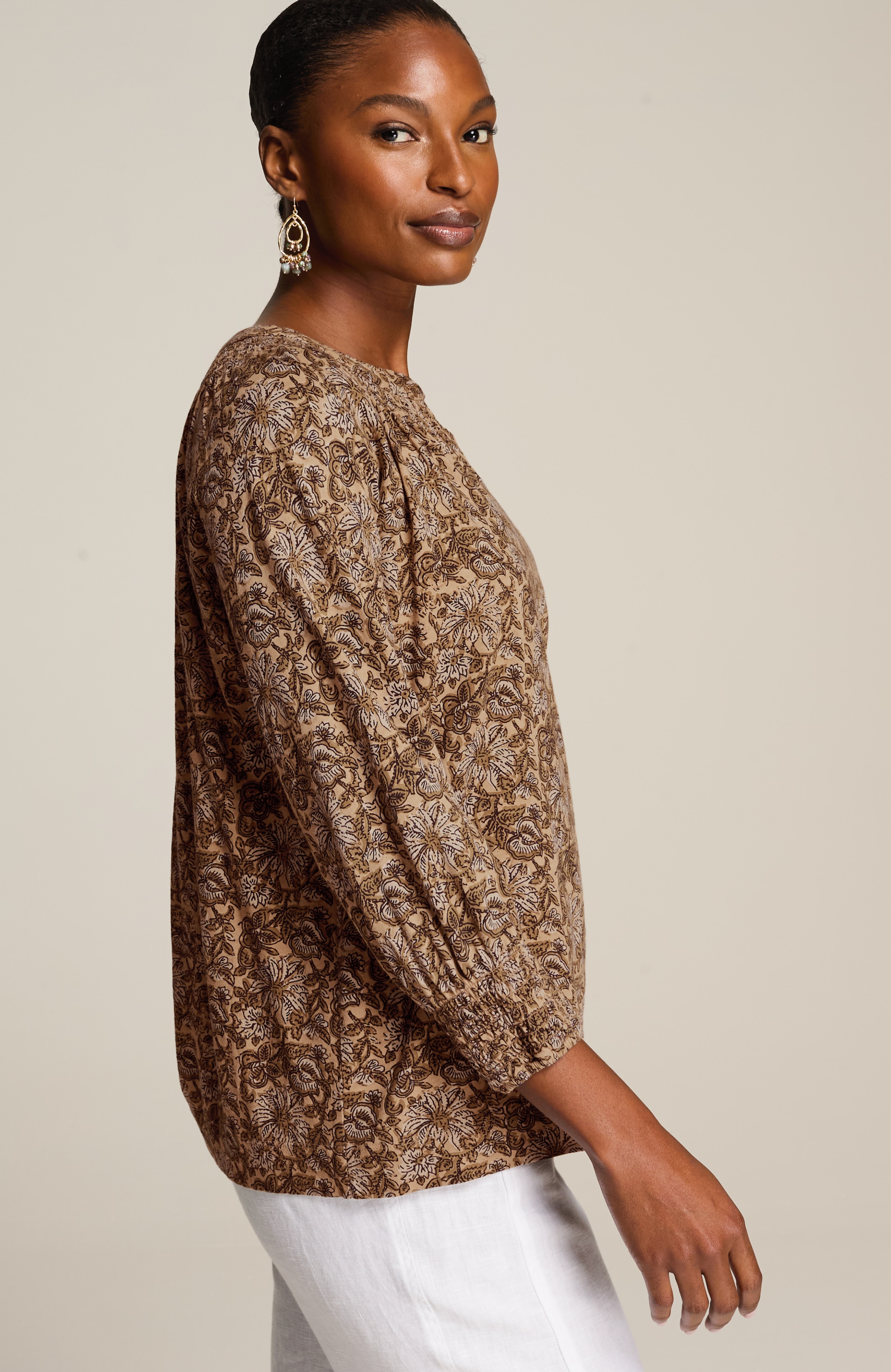 pure jill smocked block-printed top