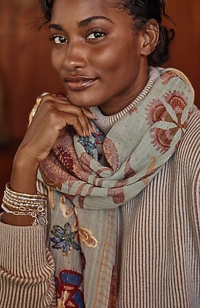 Image for Hand-Embroidered Floral Oblong Scarf