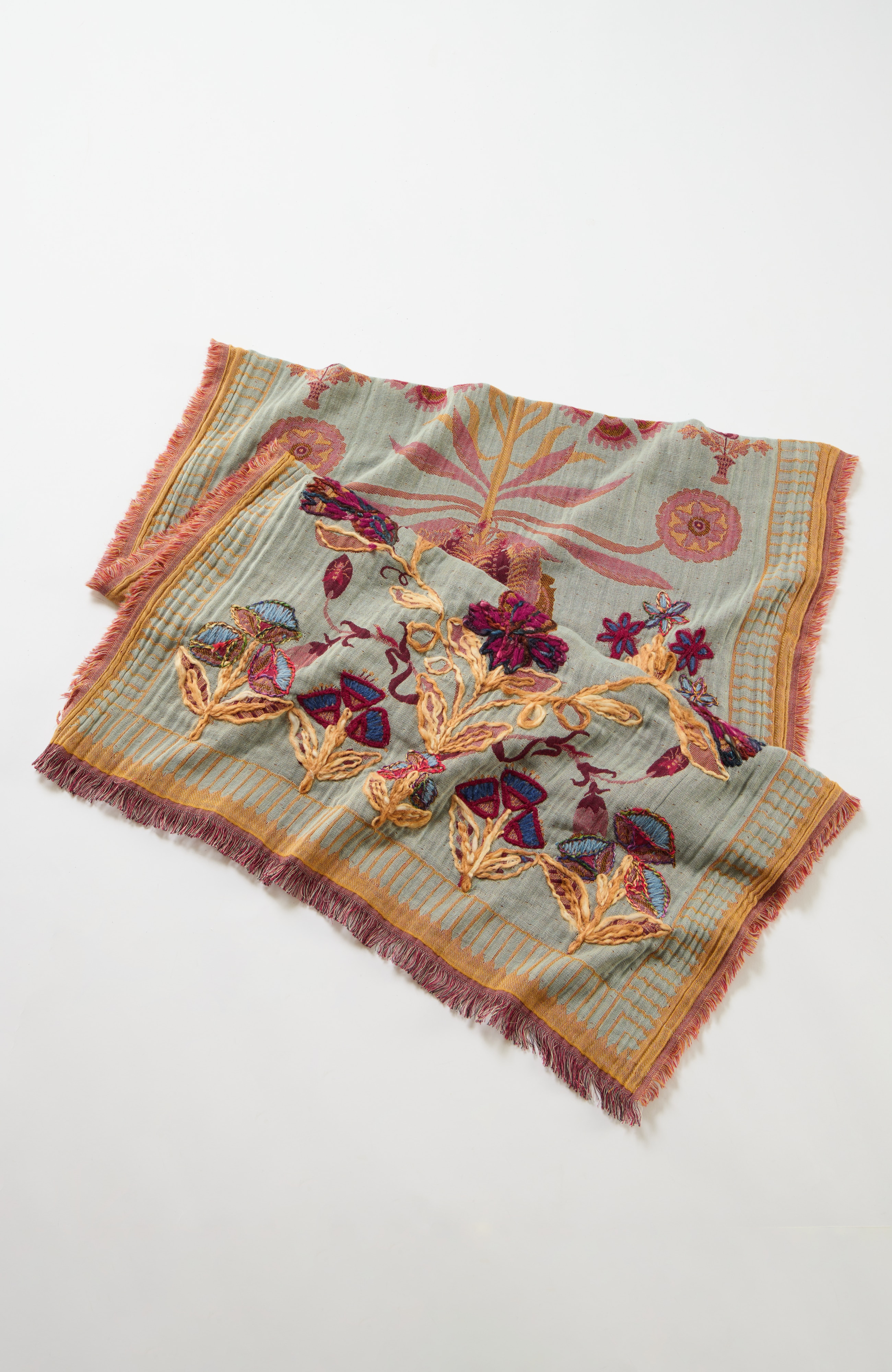 hand-embroidered floral oblong scarf