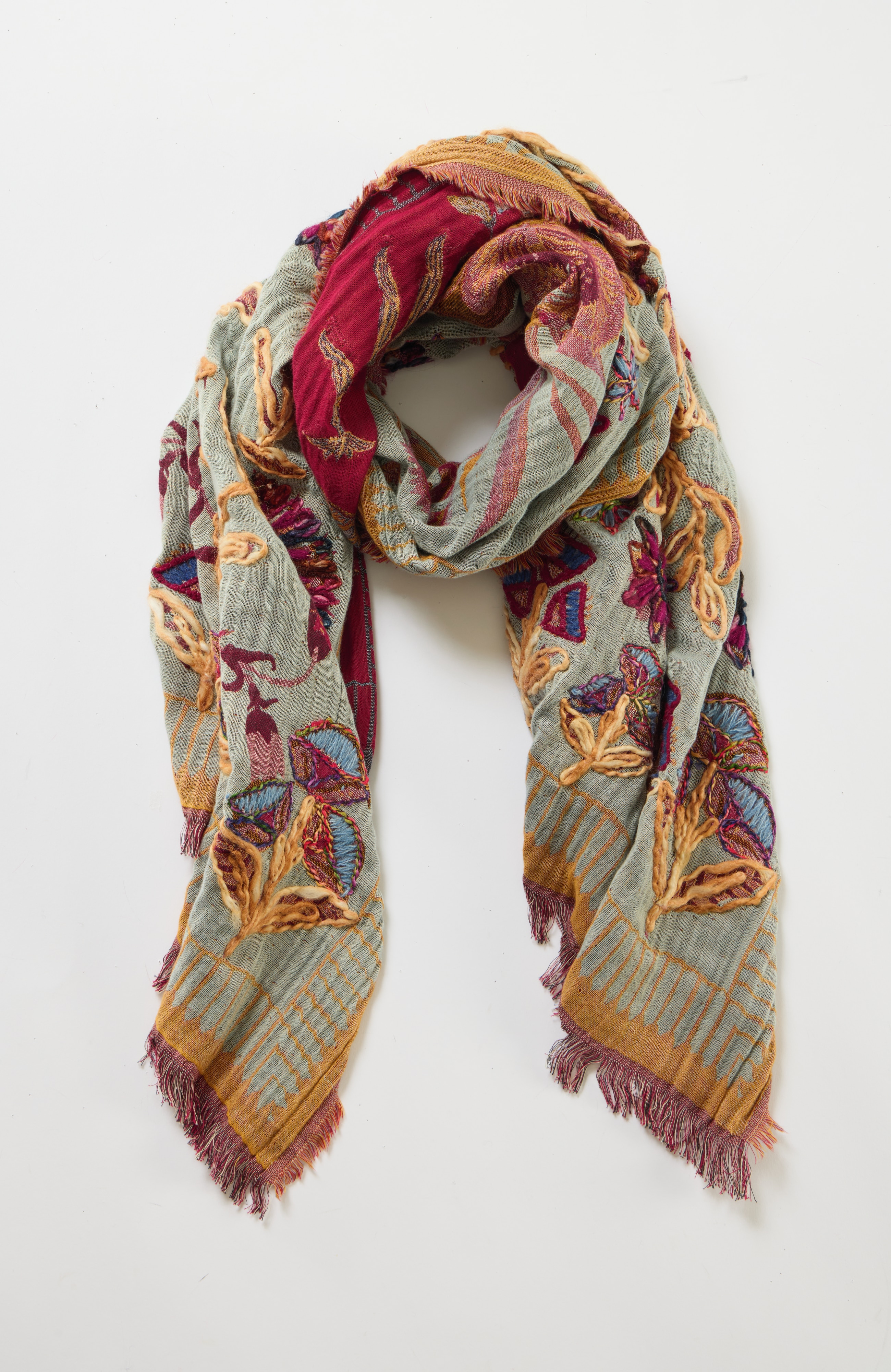 hand-embroidered floral oblong scarf
