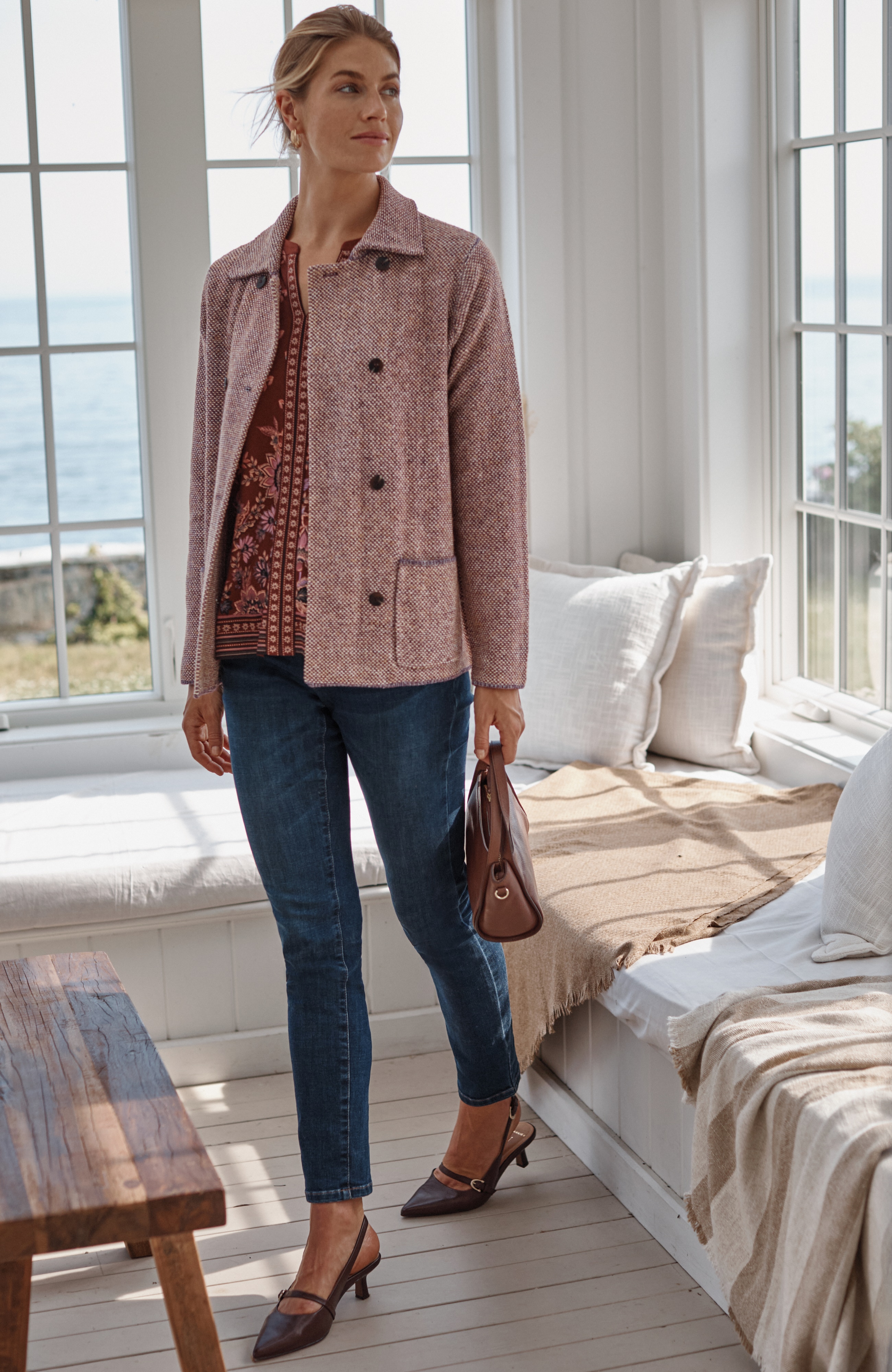 tweed button-front sweater-jacket