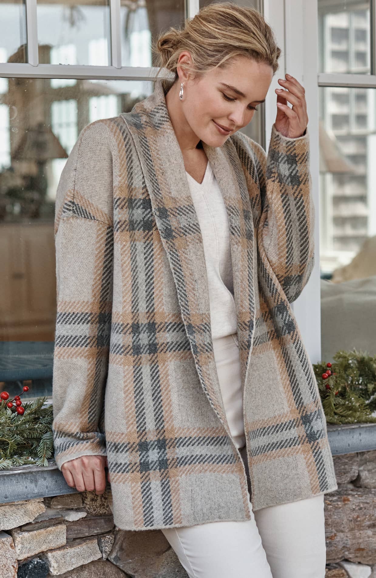 Plaid Shawl-Collar Cardi | JJill