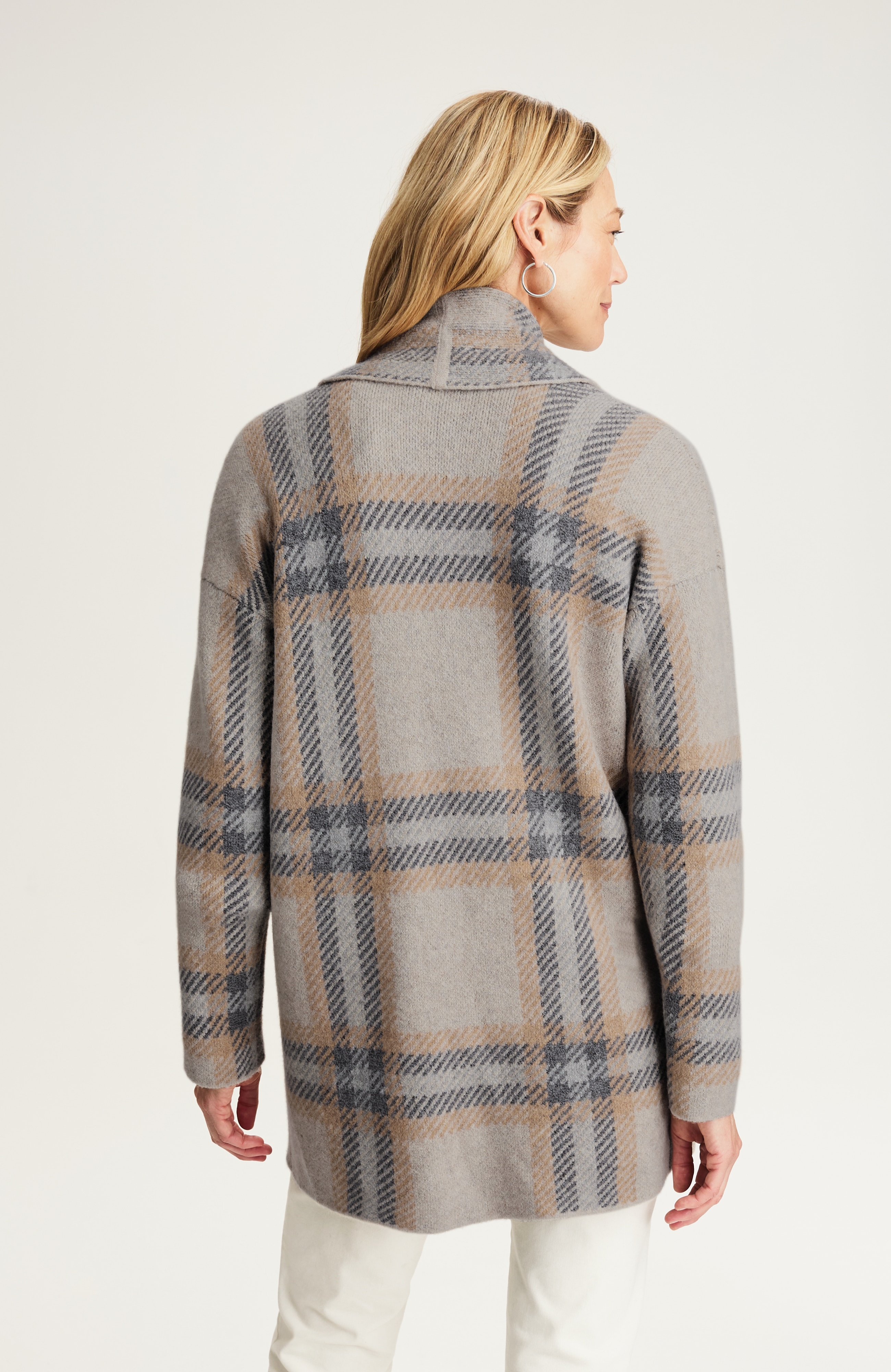 plaid shawl-collar cardi