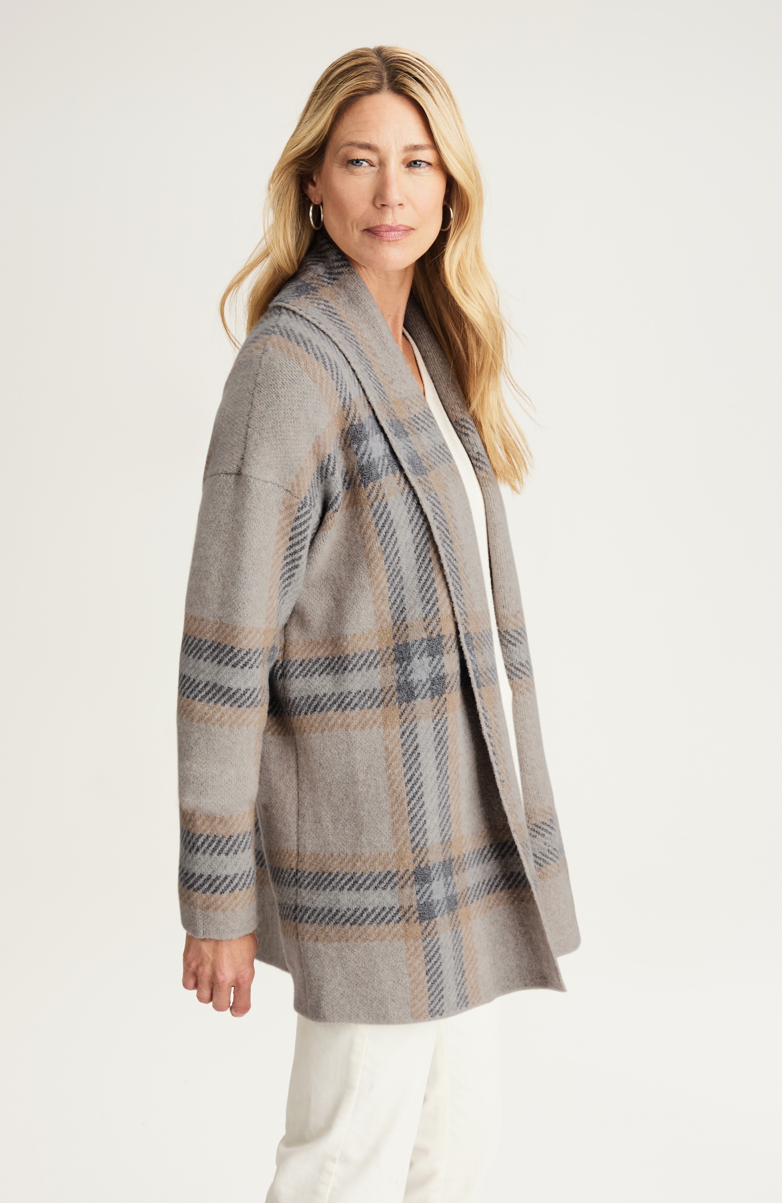 plaid shawl-collar cardi