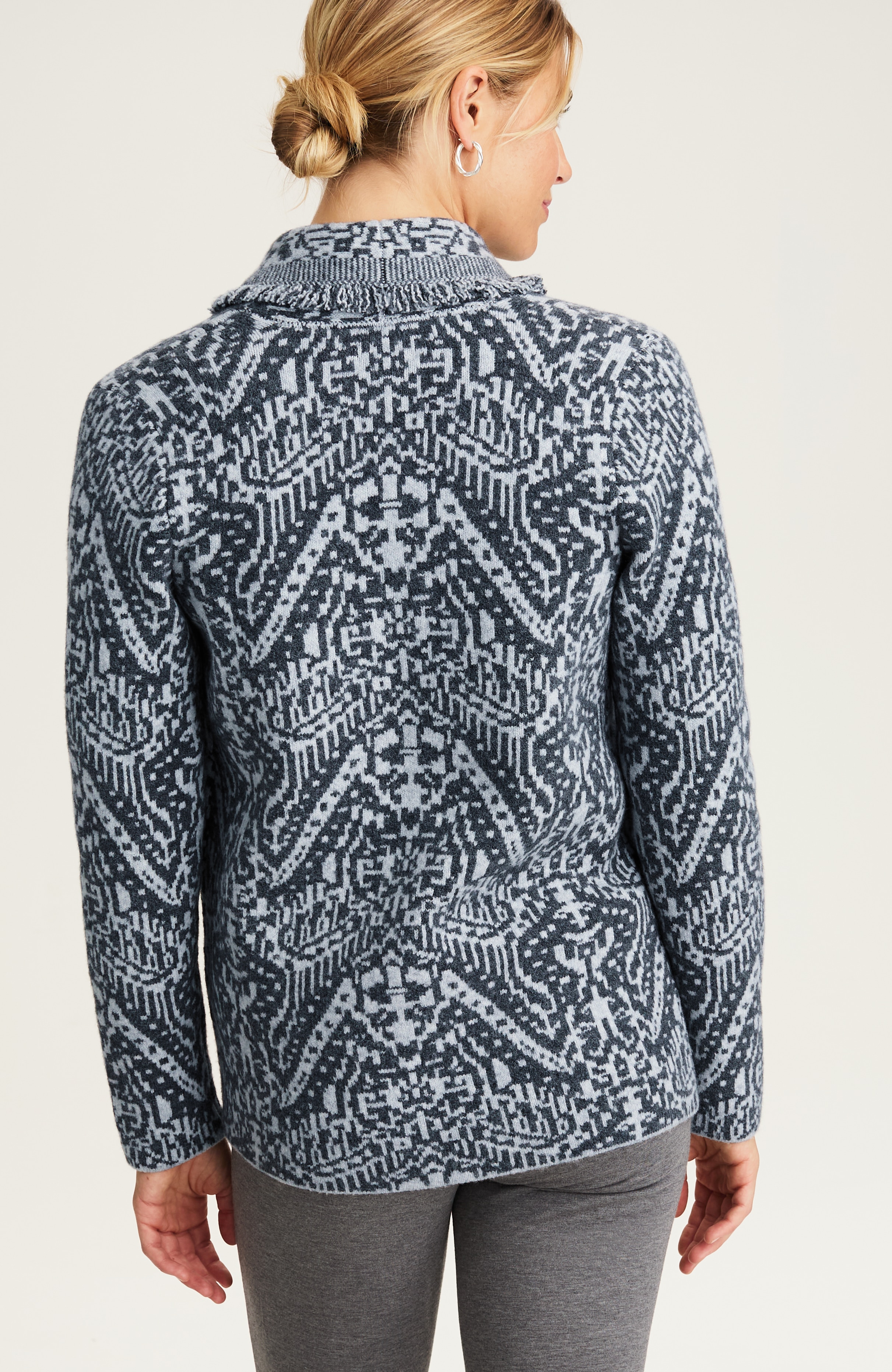 pure jill printed jacquard fringed cardi