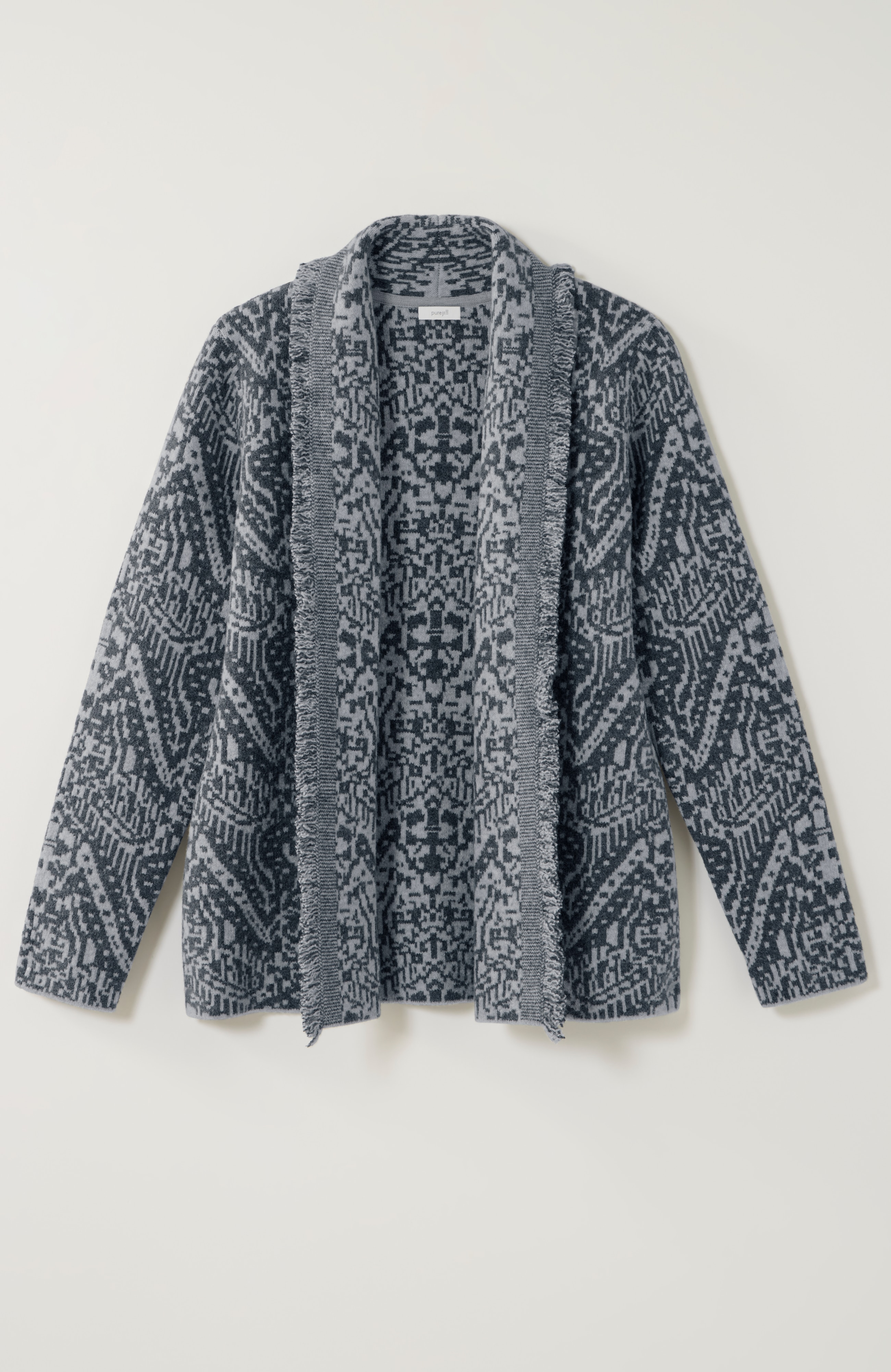 pure jill printed jacquard fringed cardi