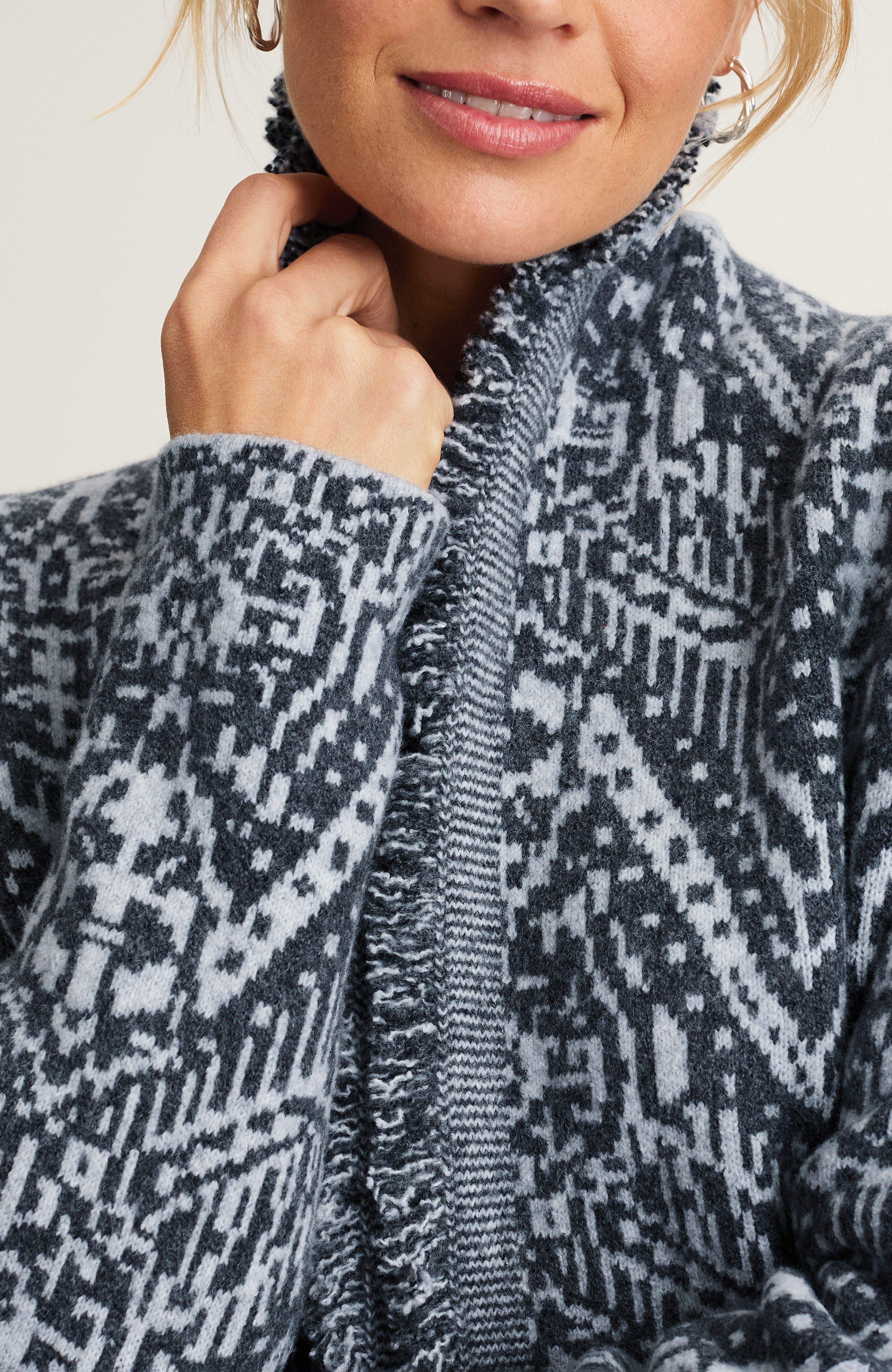 pure jill printed jacquard fringed cardi