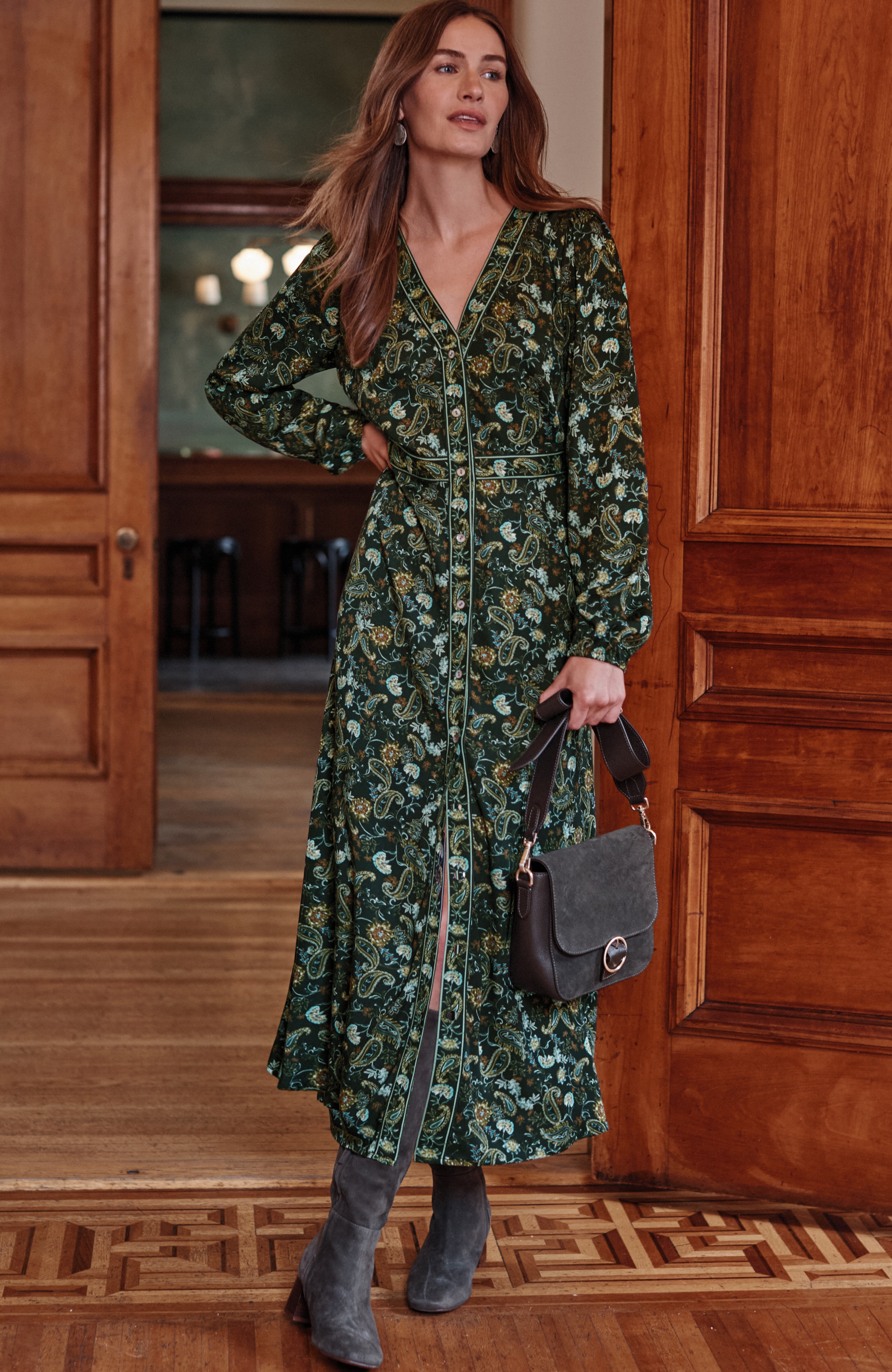 border-printed seamed-waist dress