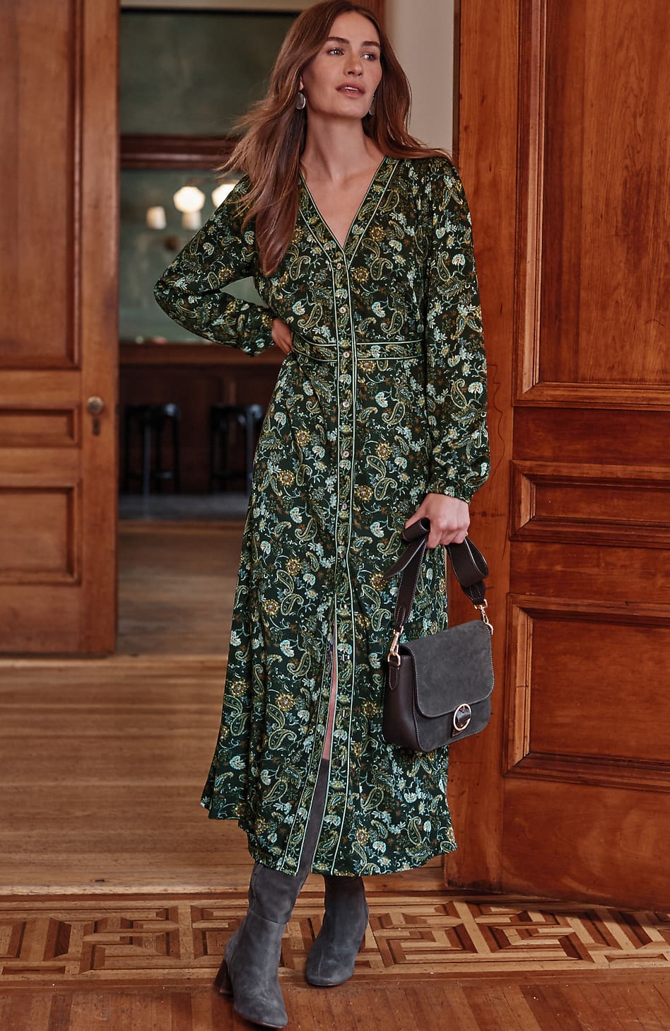 Border-Printed Seamed-Waist Dress JJill