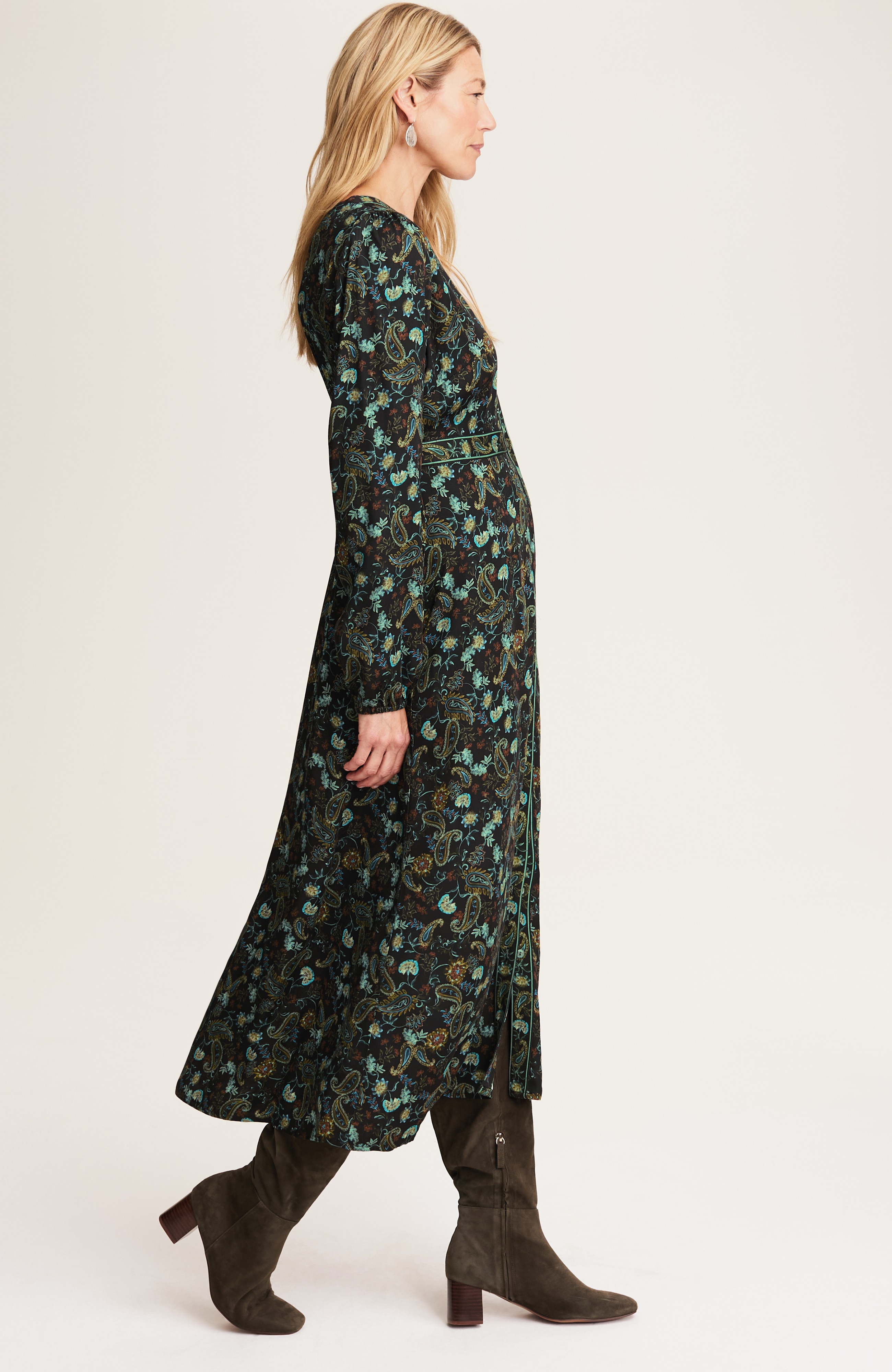 border-printed seamed-waist dress
