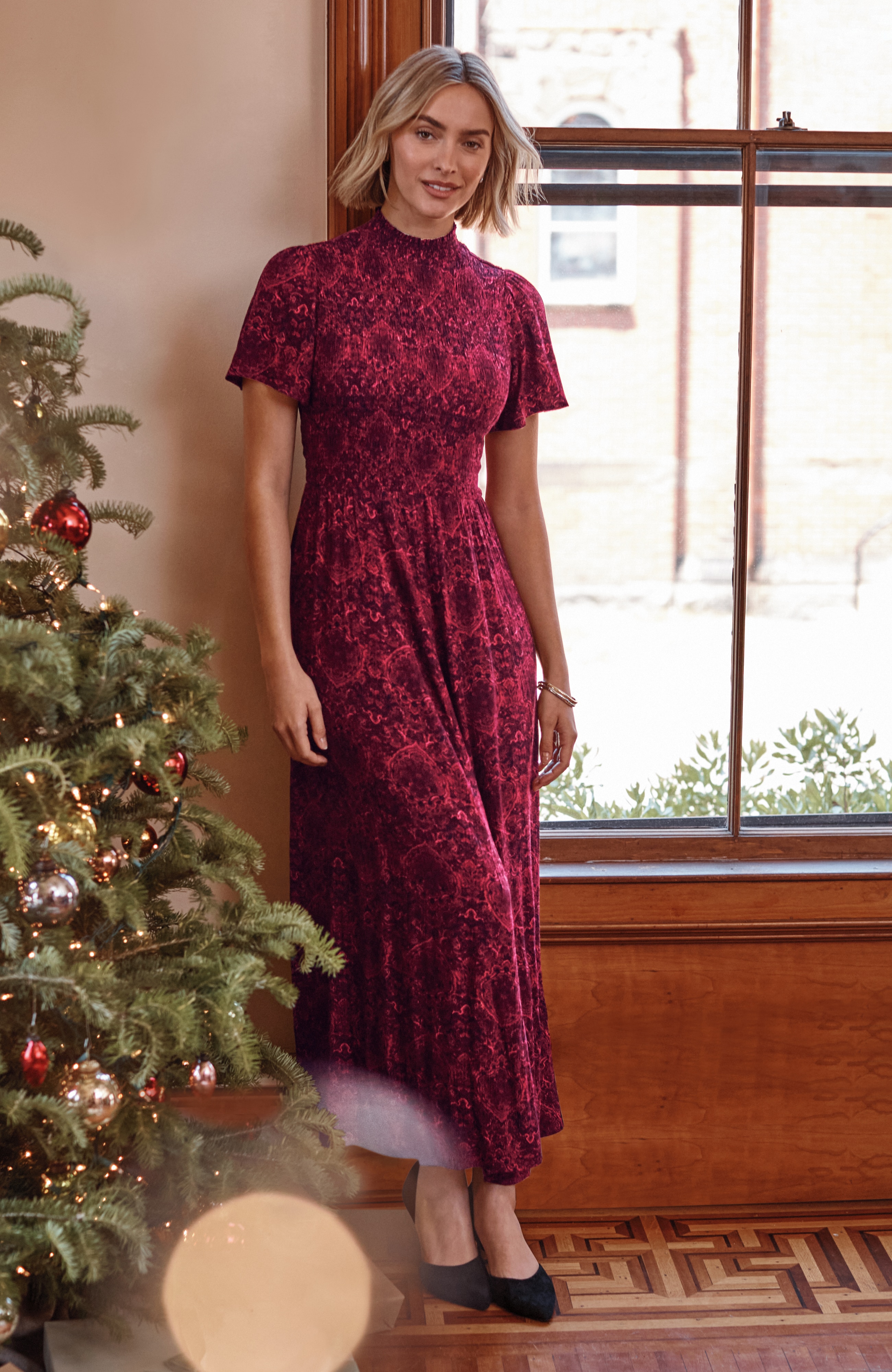 tapestry-printed smocked-bodice dress