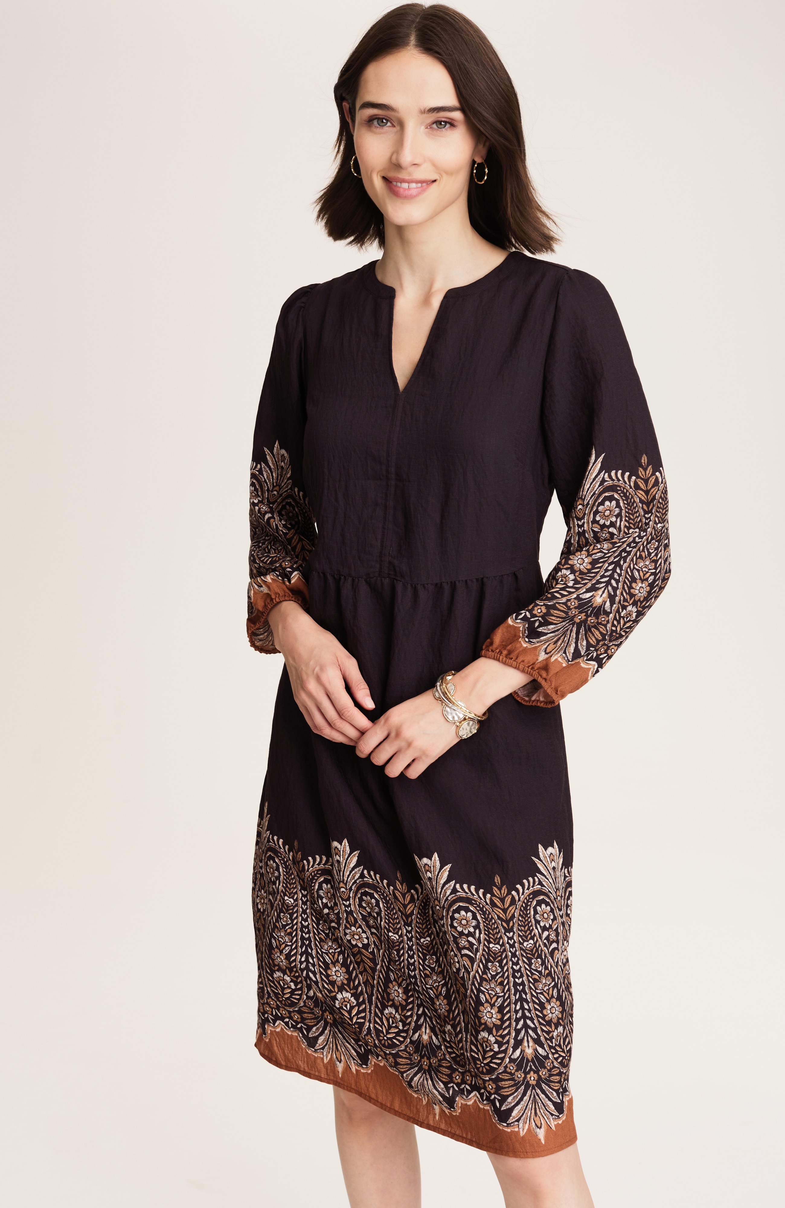 placed-paisley v-neck dress