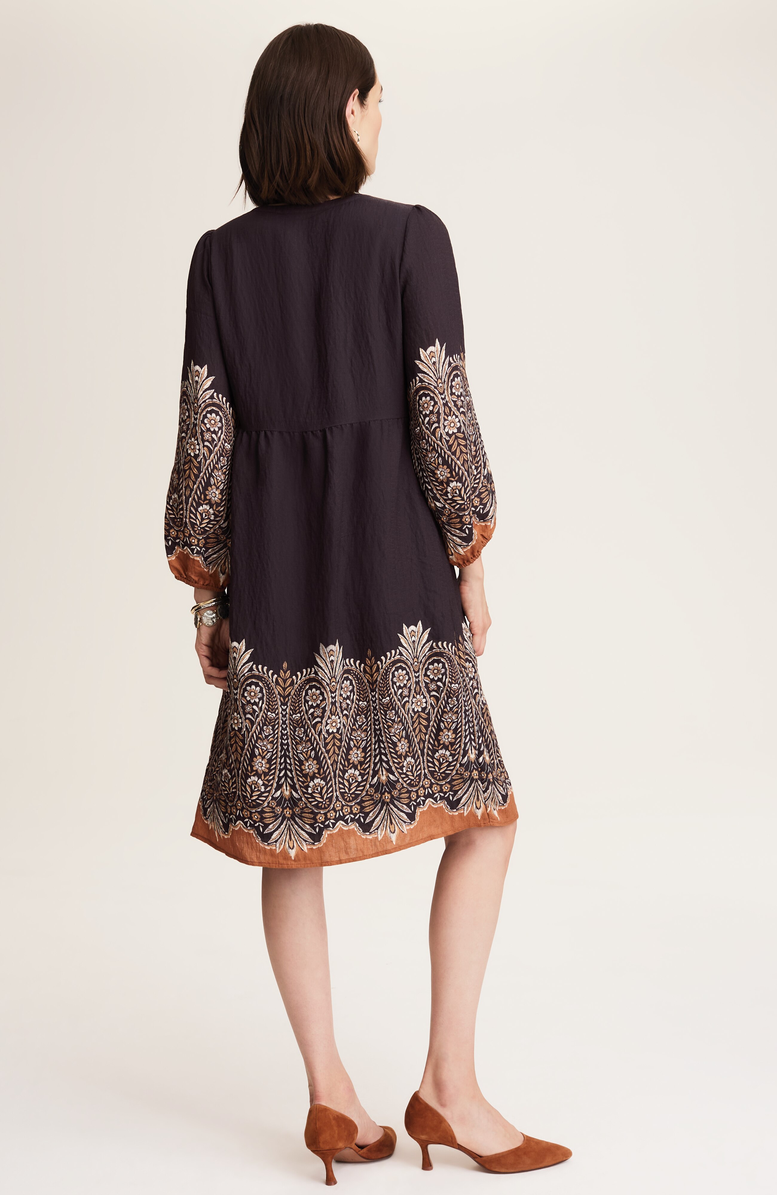 placed-paisley v-neck dress