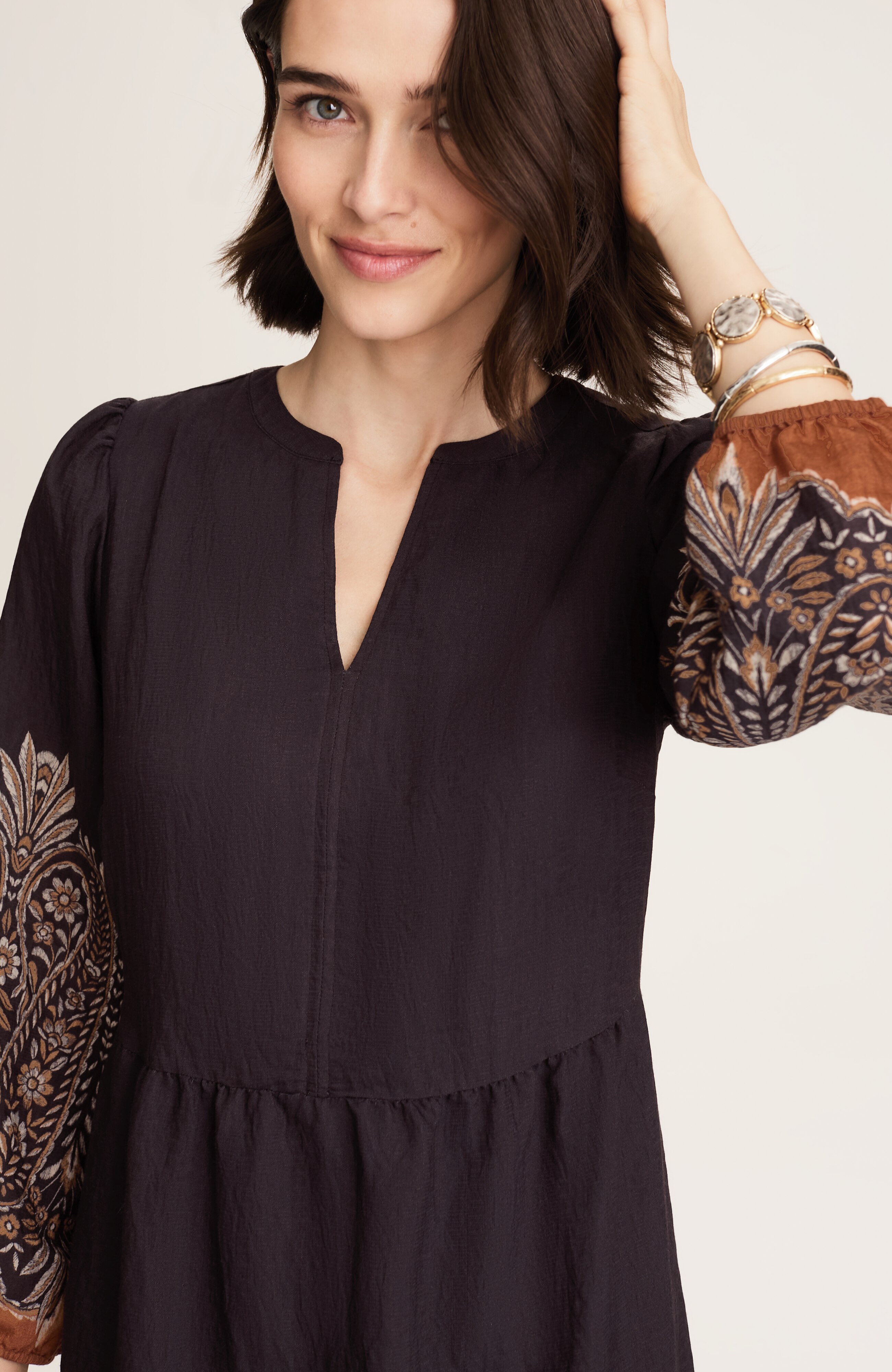 placed-paisley v-neck dress