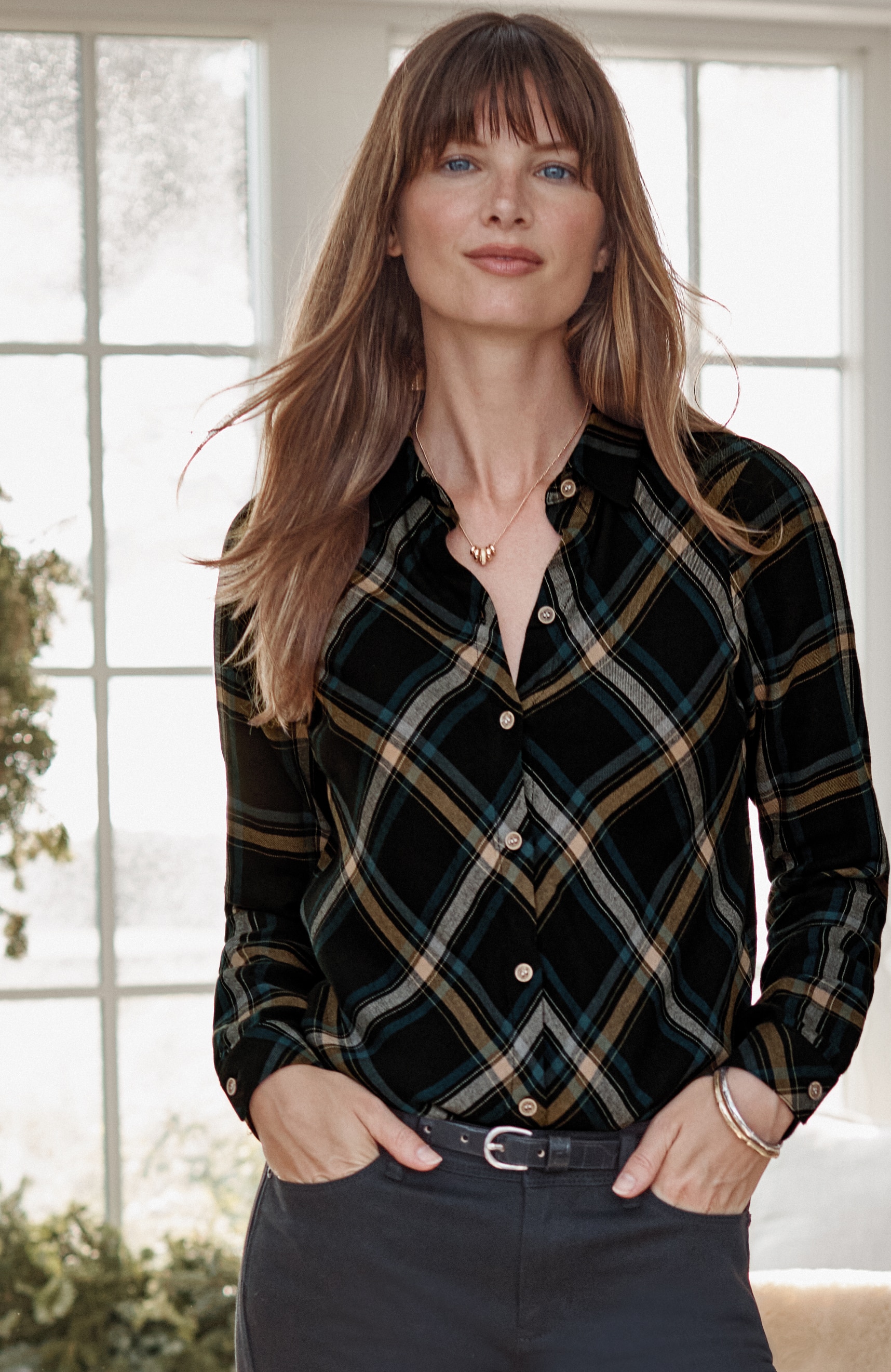 soft-brushed bias plaid shirt