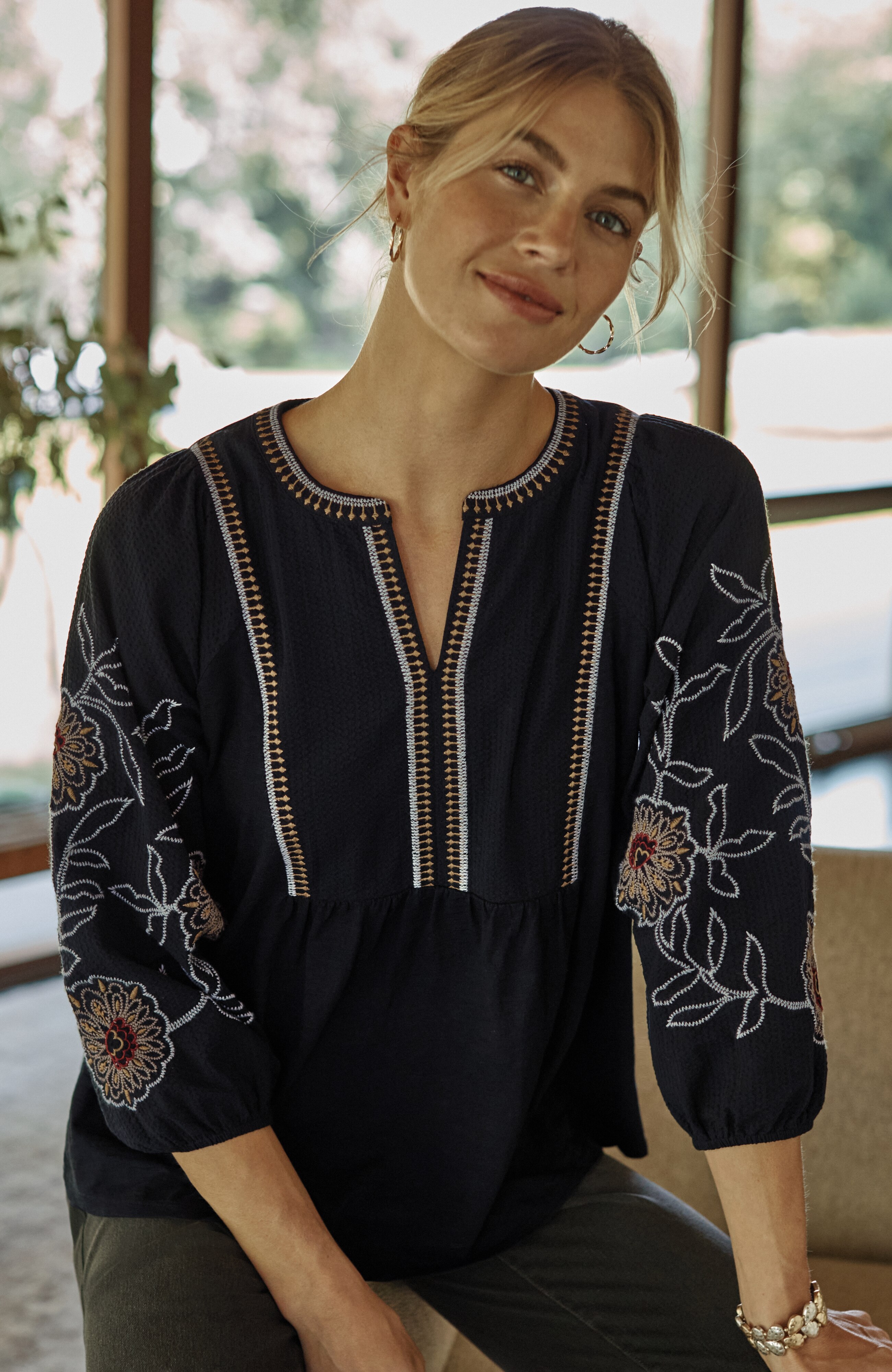 pure jill embroidered mixed-media top