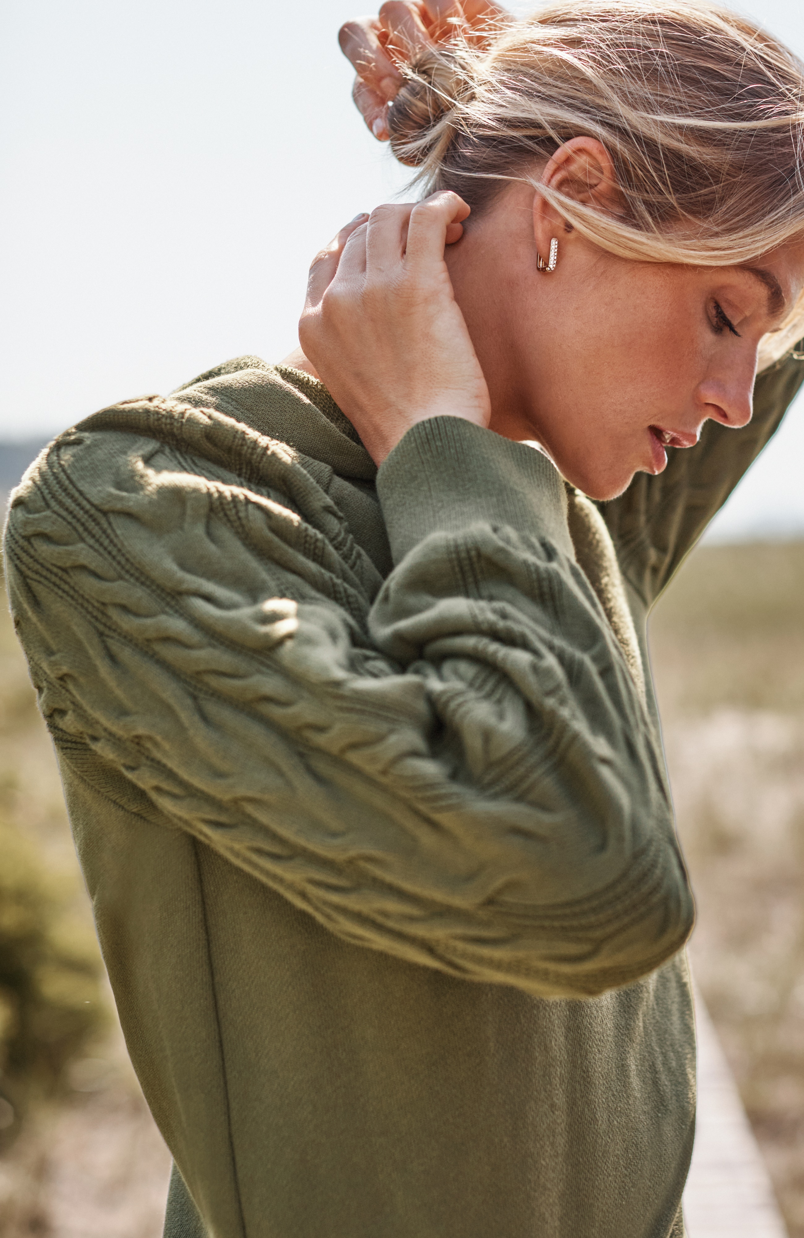 french terry & cable-knit hoodie