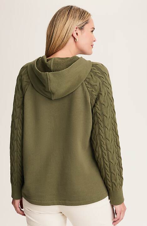 FRENCH TERRY CABLE-KNIT HOODIE JJill