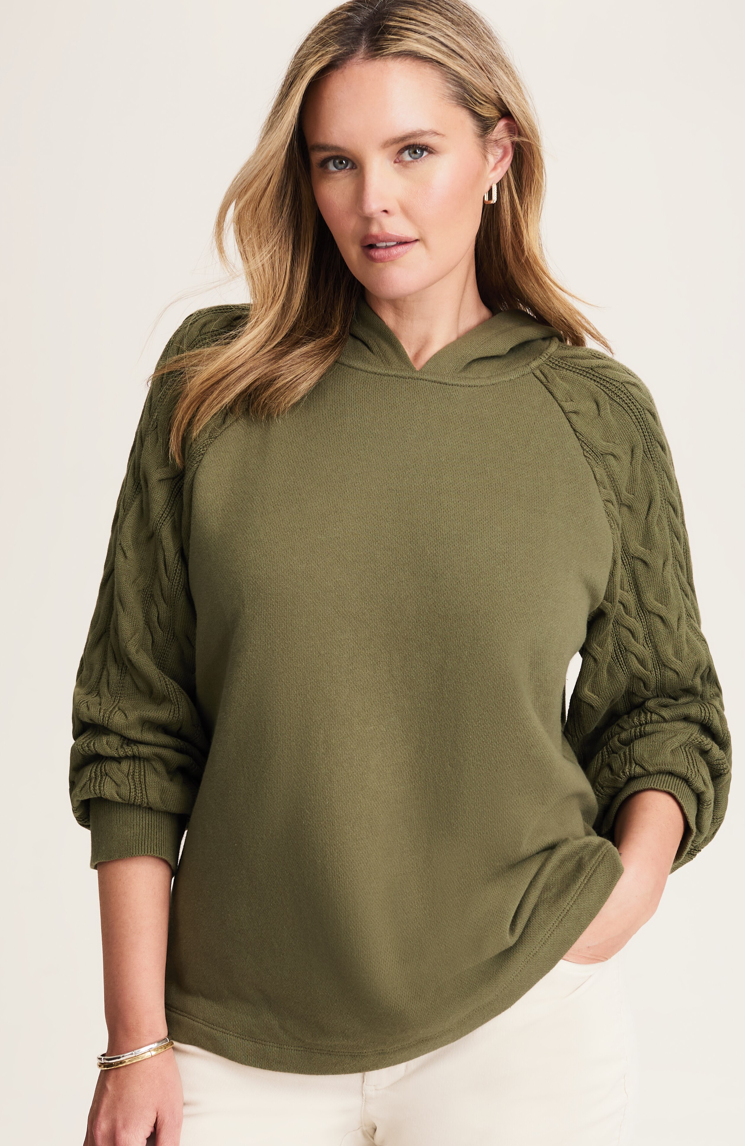 french terry & cable-knit hoodie