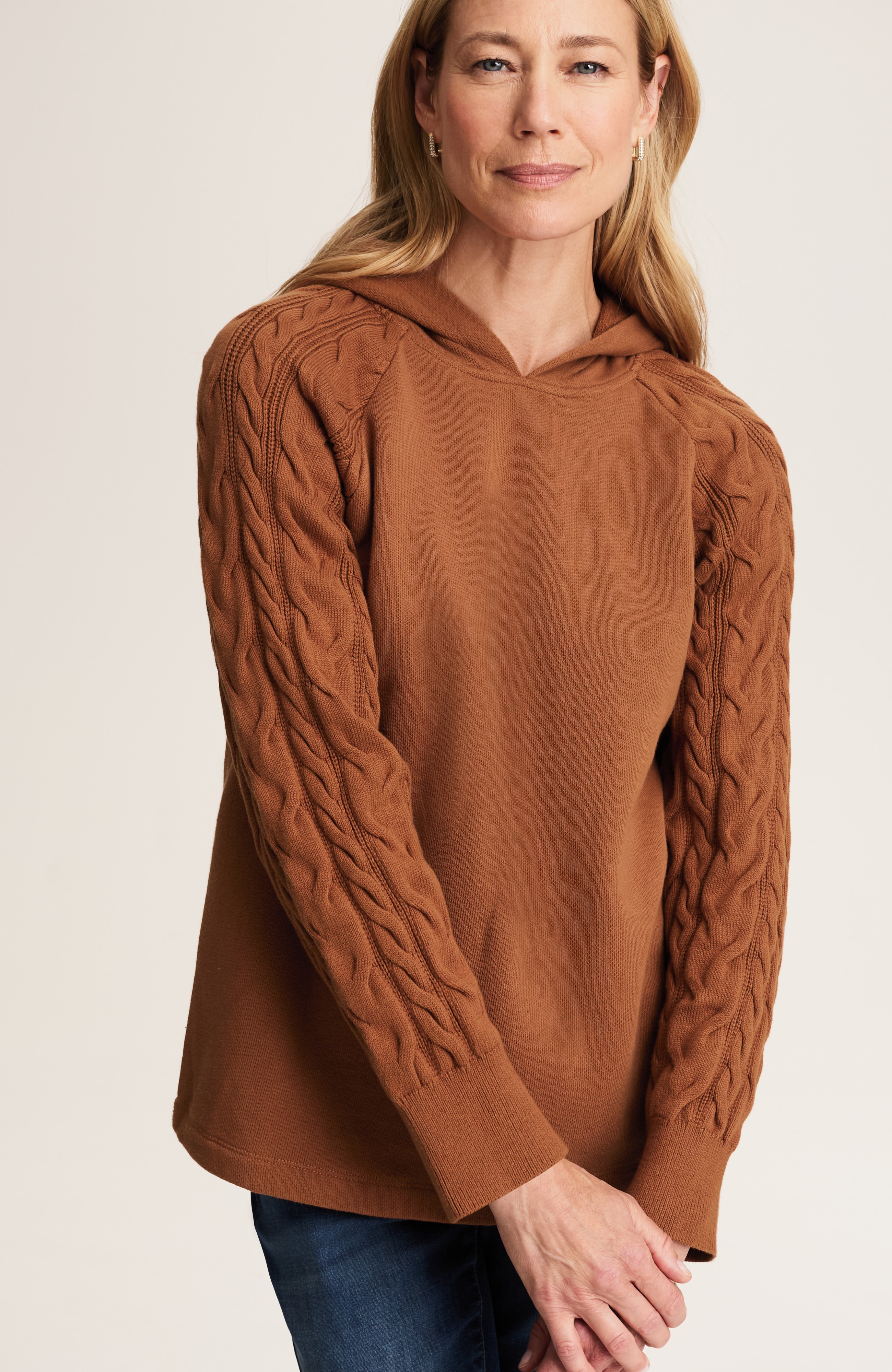 FRENCH TERRY & CABLE-KNIT HOODIE | JJill