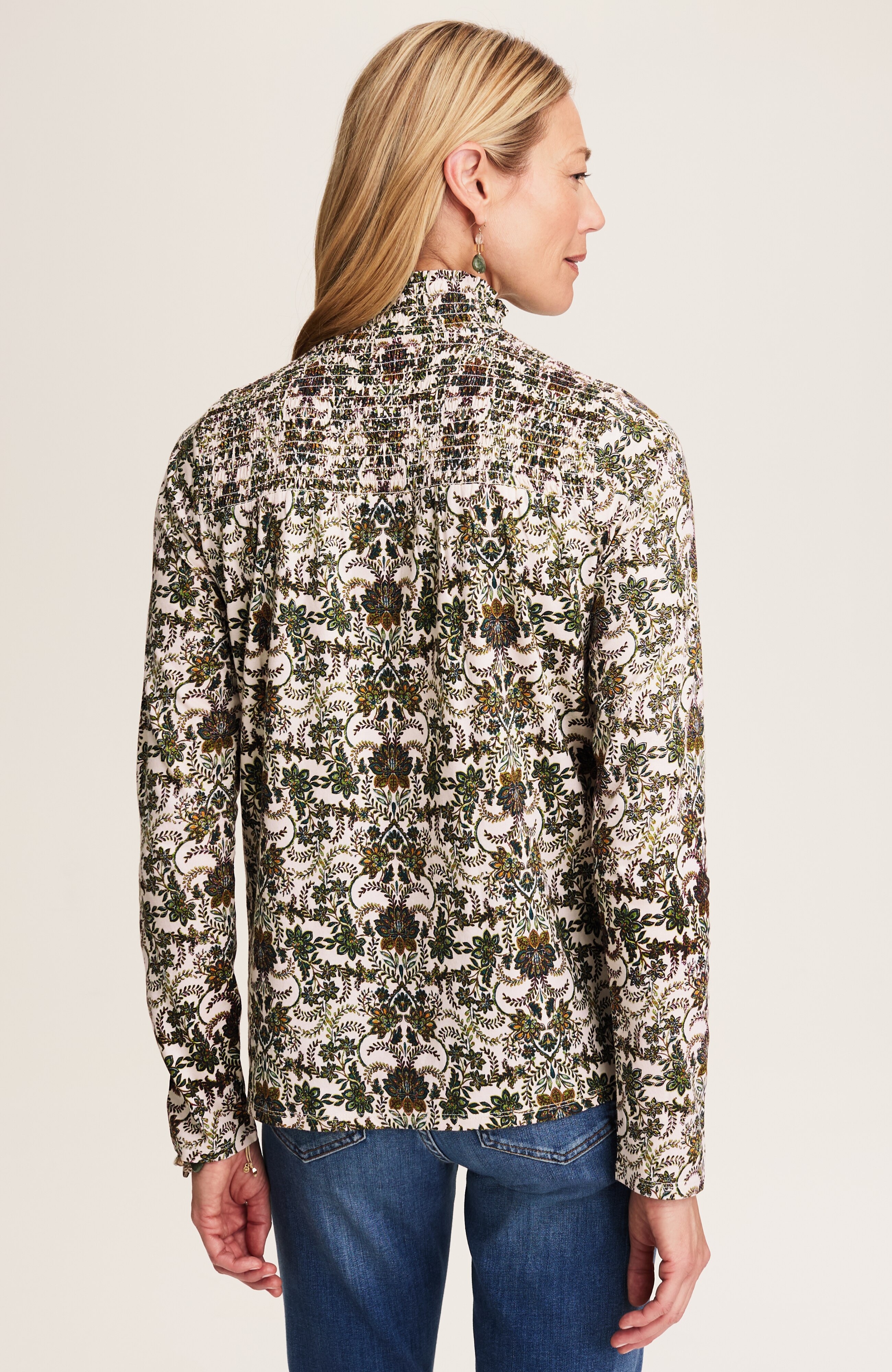 PRINTED SMOCKED-DETAIL TOP | JJill