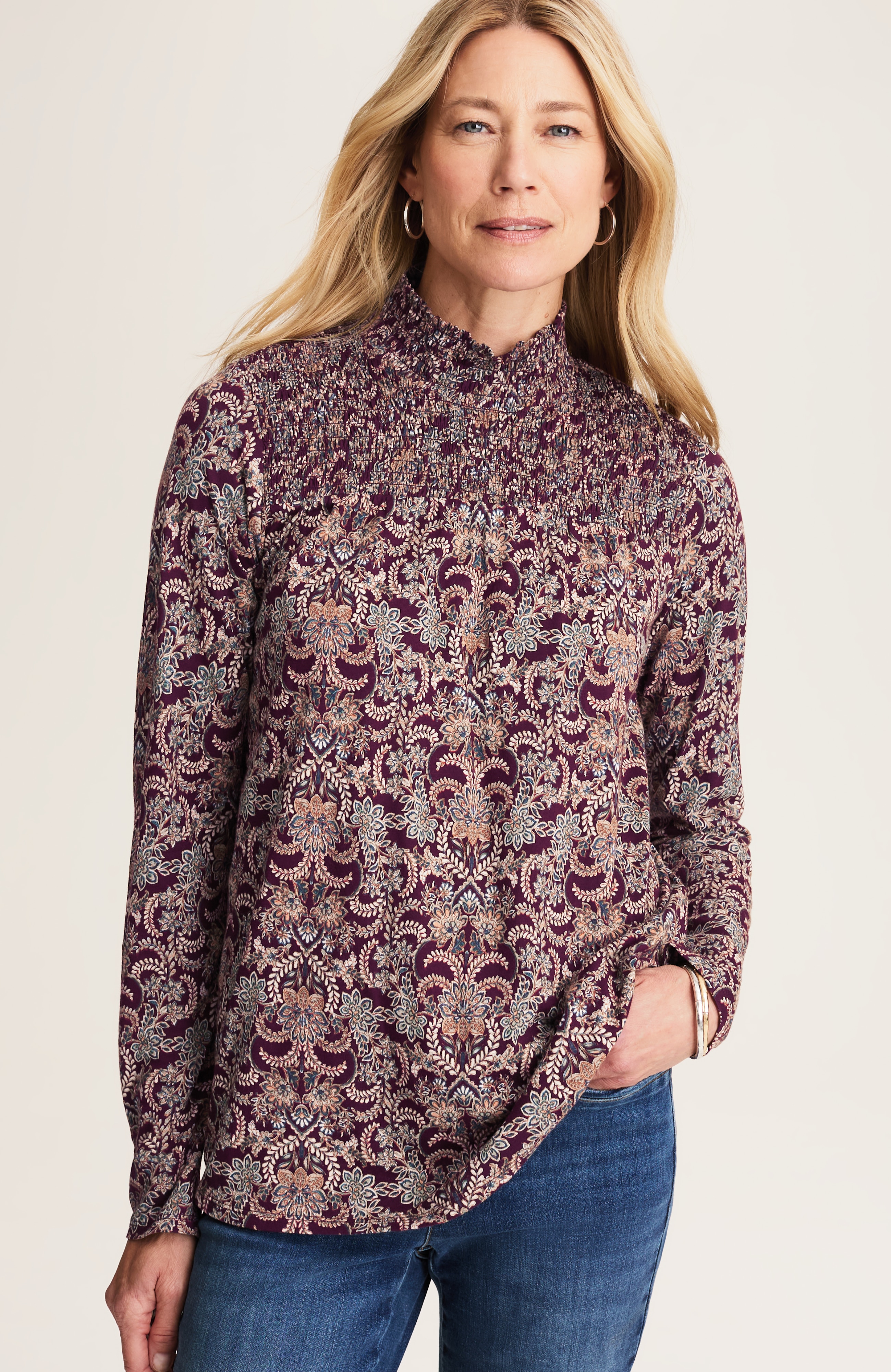 printed smocked-detail top