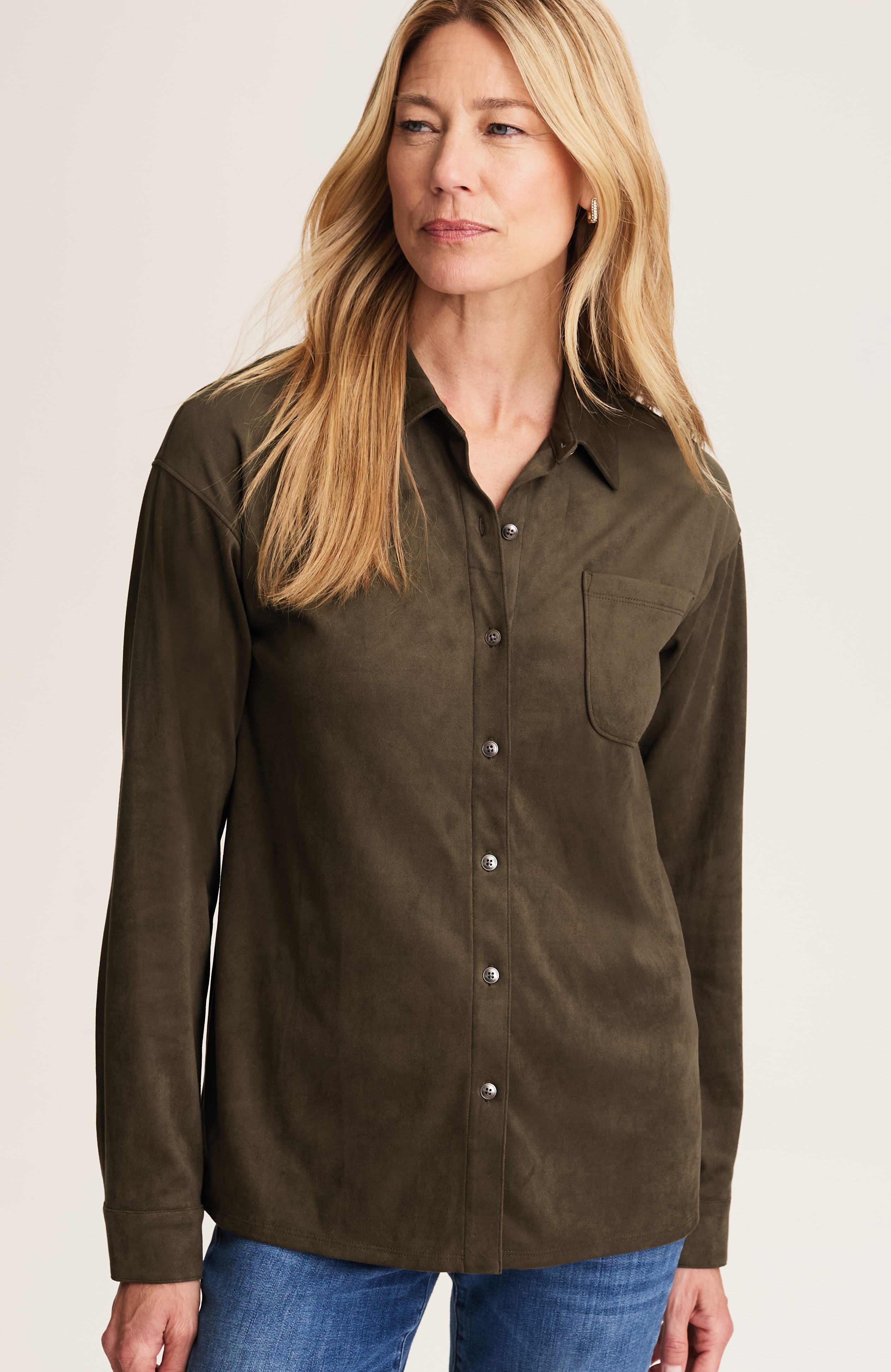 suede-knit button-front shirt