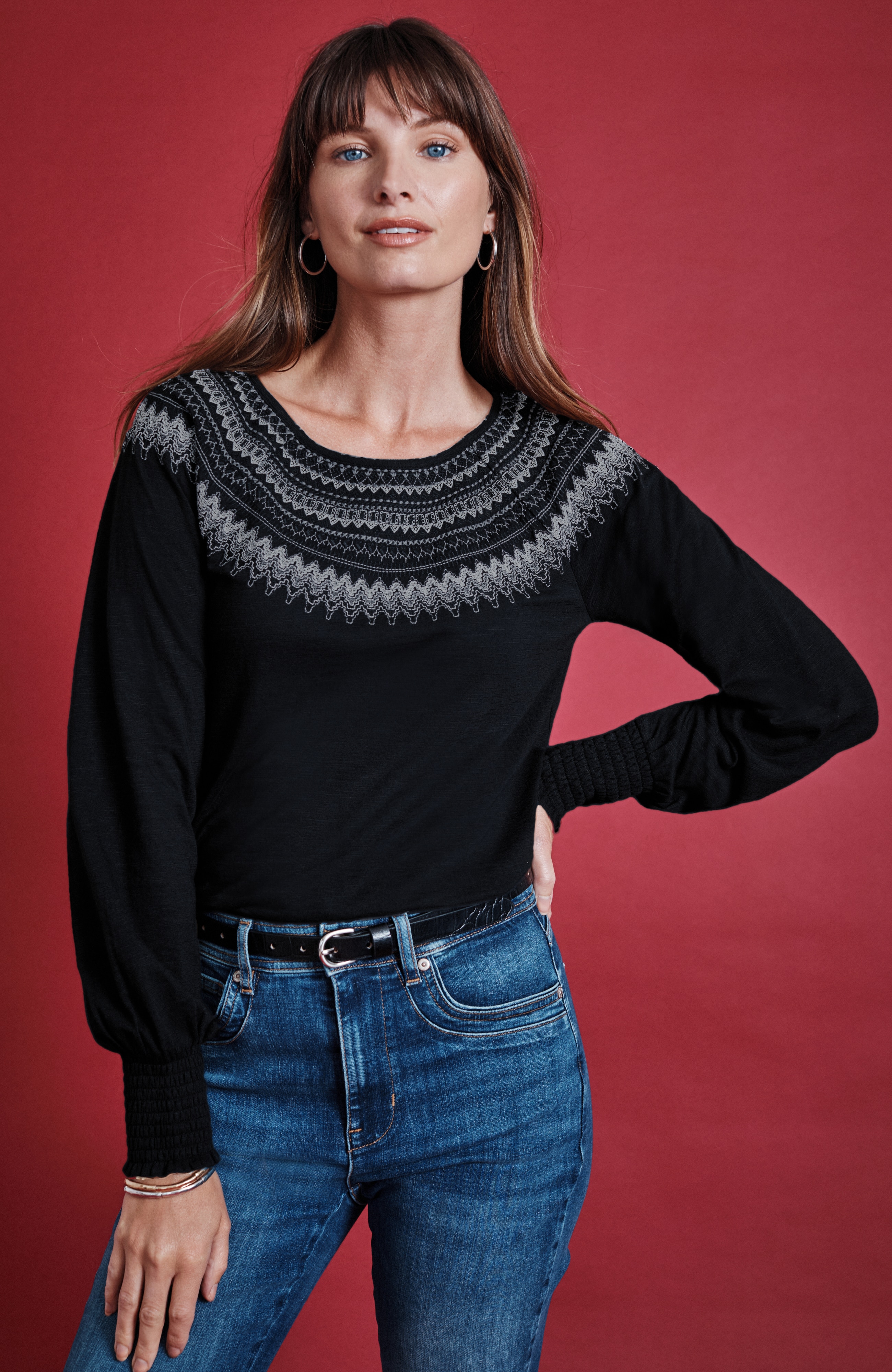 fair isle embroidered smocked top