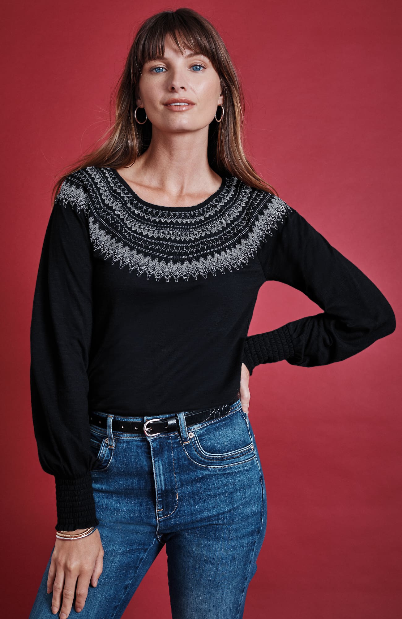 Jjill J.jill Fair Isle Embroidered Smocked Top In Multi