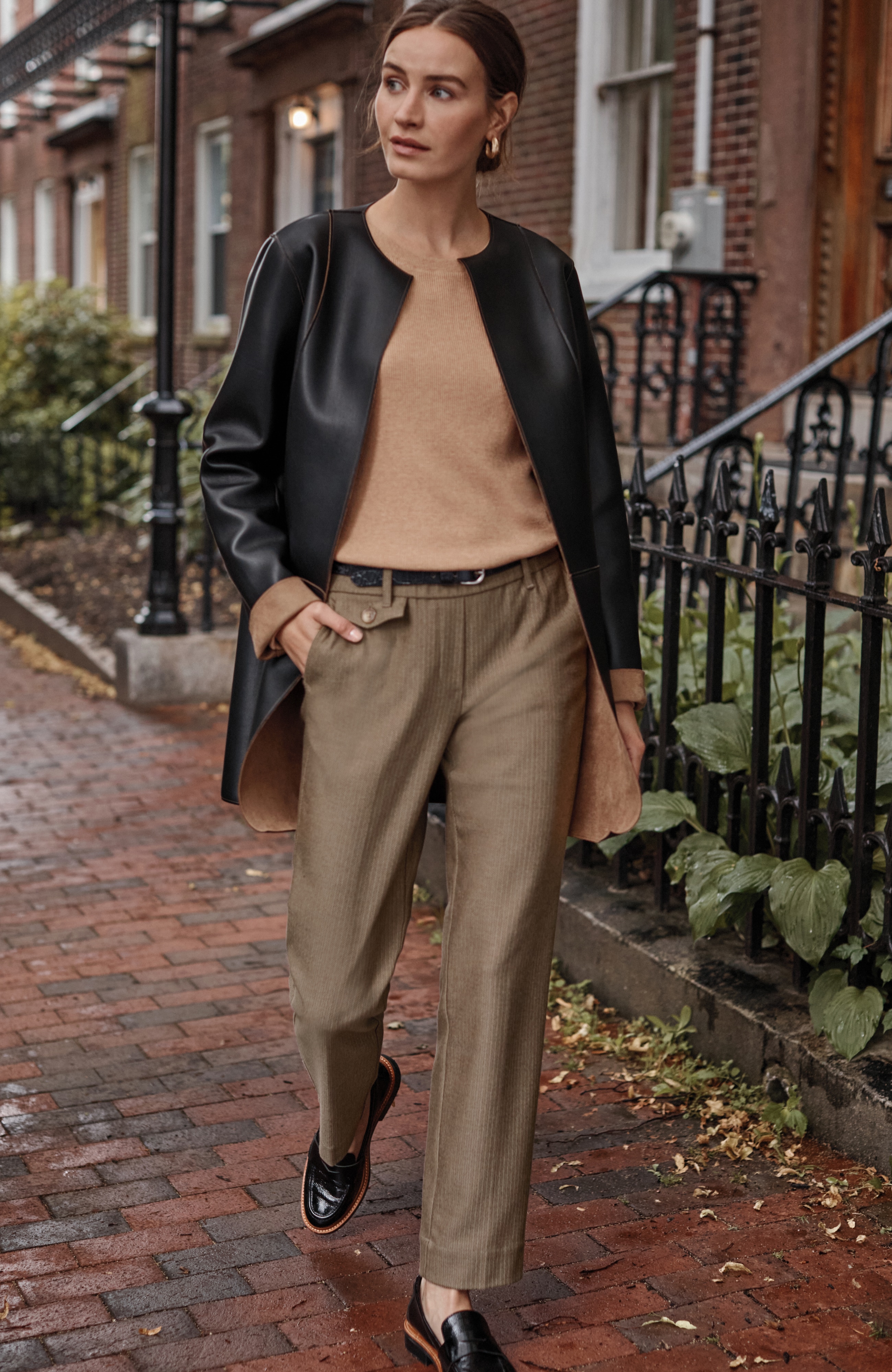 herringbone straight-leg trousers