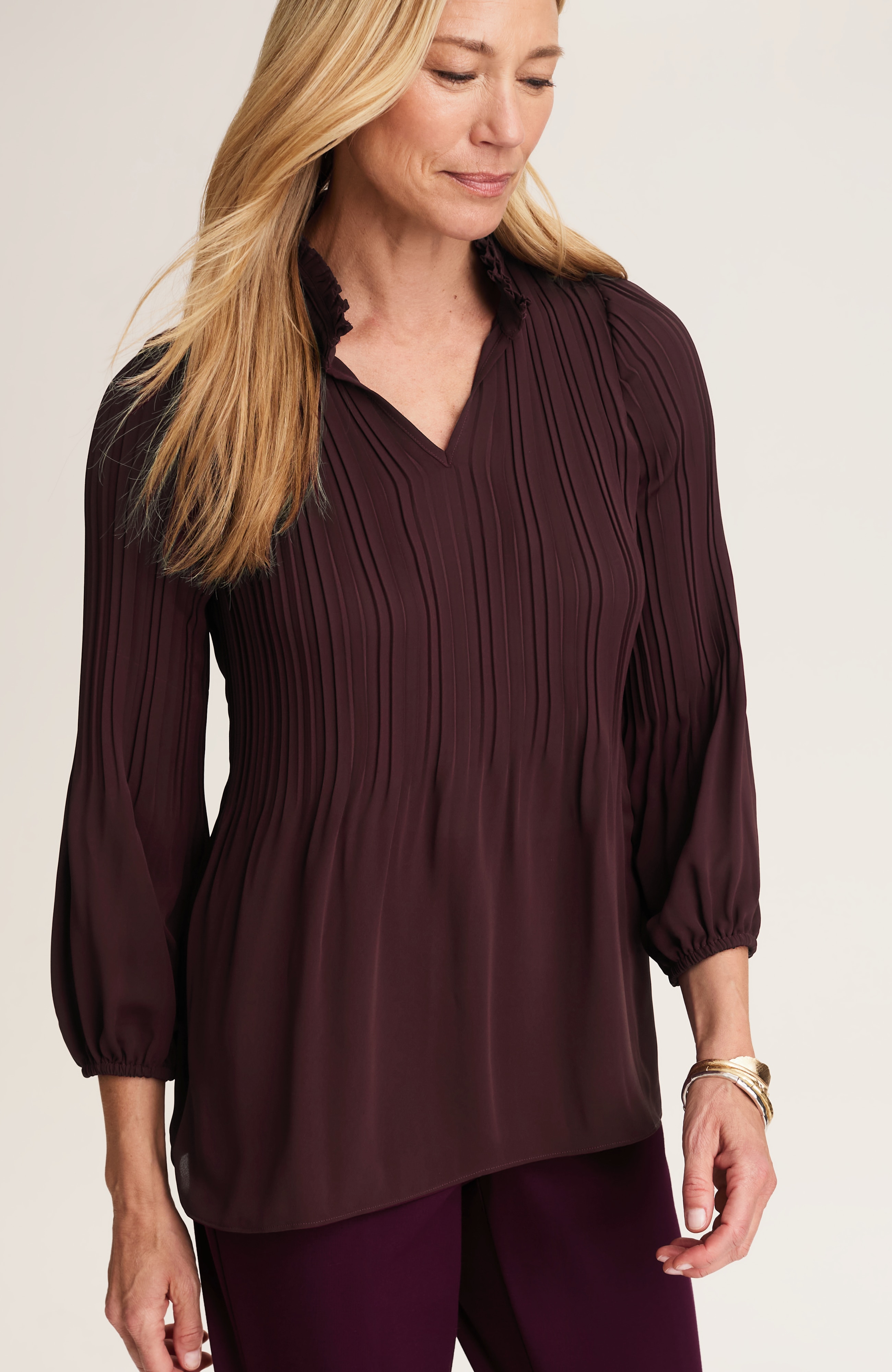 pleated ruffle-neck top