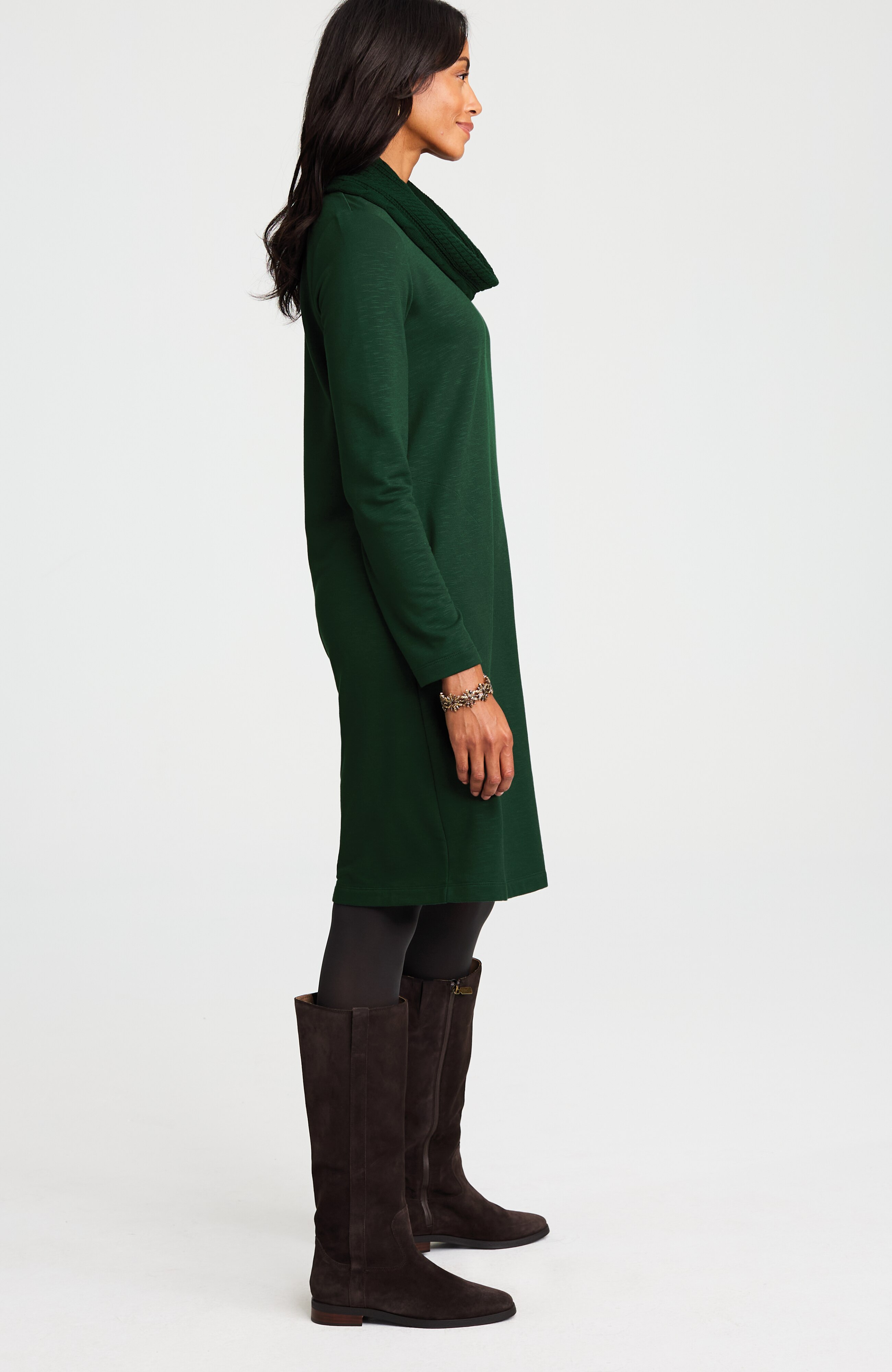sweater-trimmed cowl-neck dress