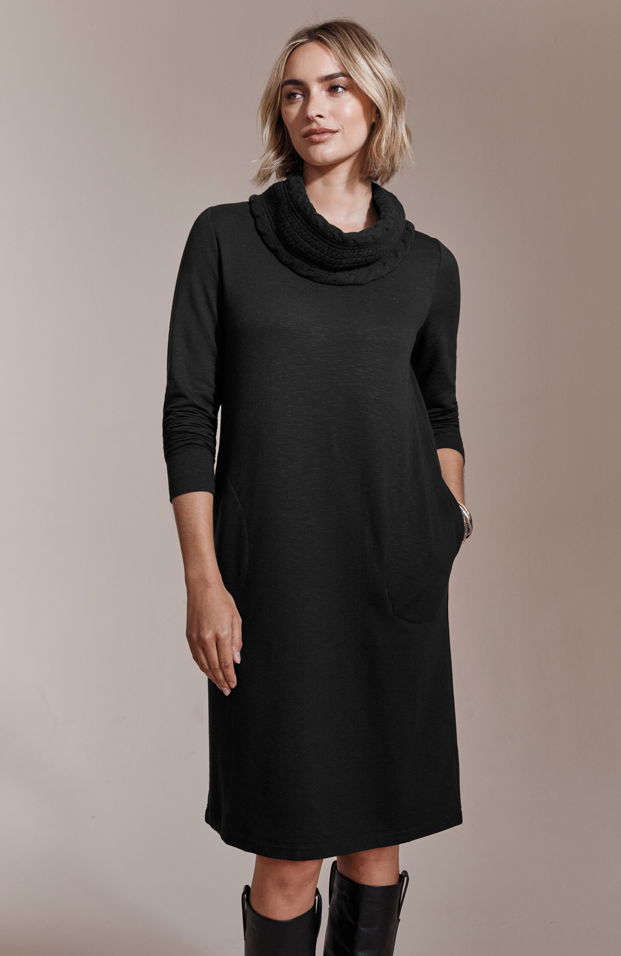 sweater-trimmed cowl-neck dress