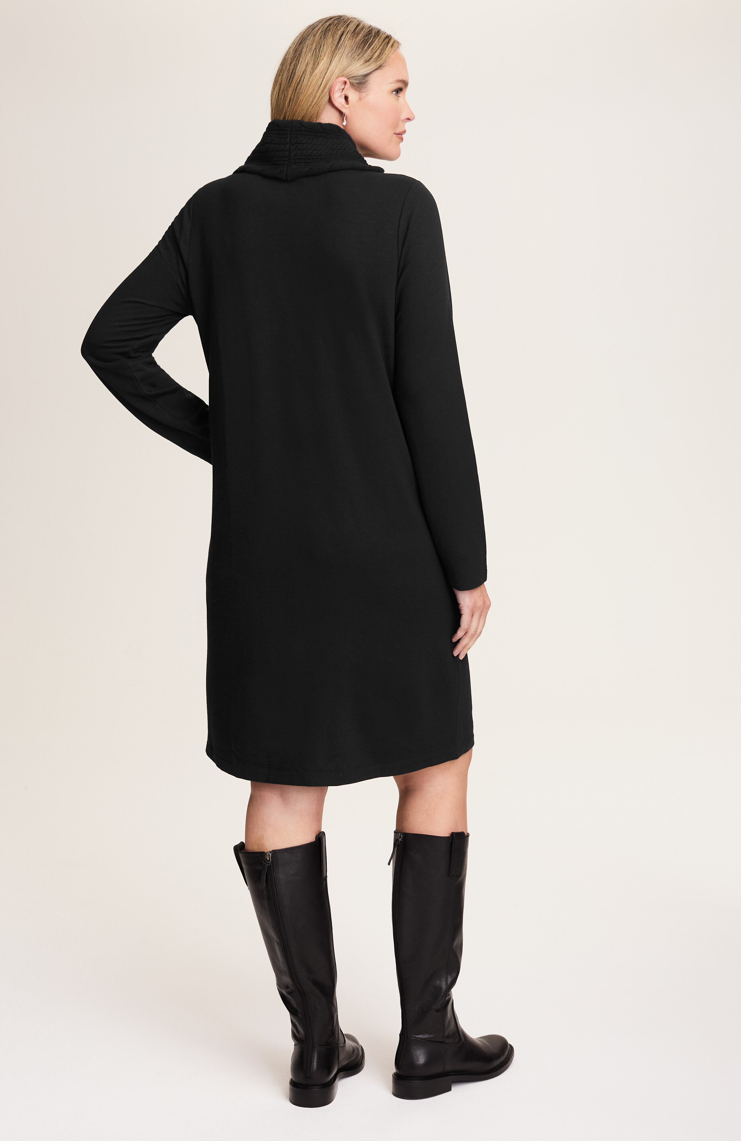 sweater-trimmed cowl-neck dress