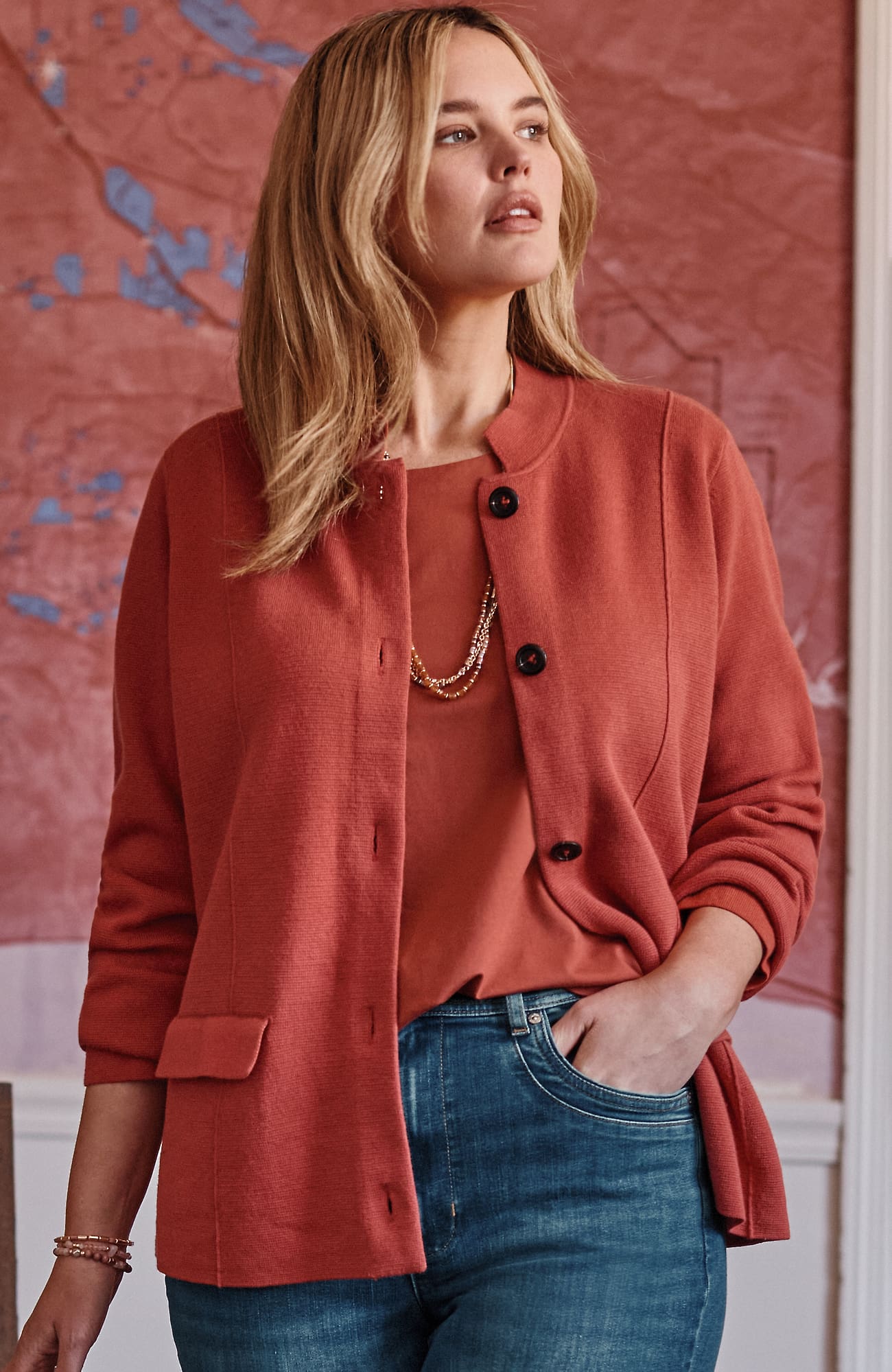 Jjill J.jill Double-knit Notched-collar Sweater-jacket In Red
