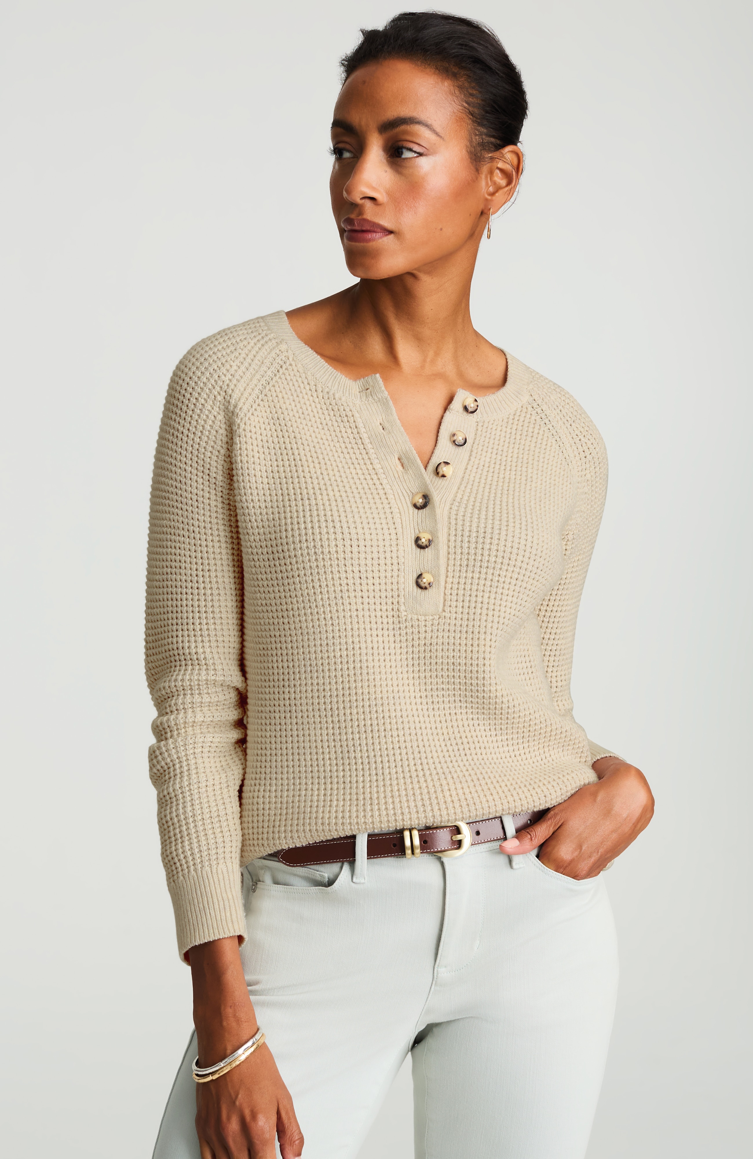 Waffle-Knit Henley Sweater | JJill