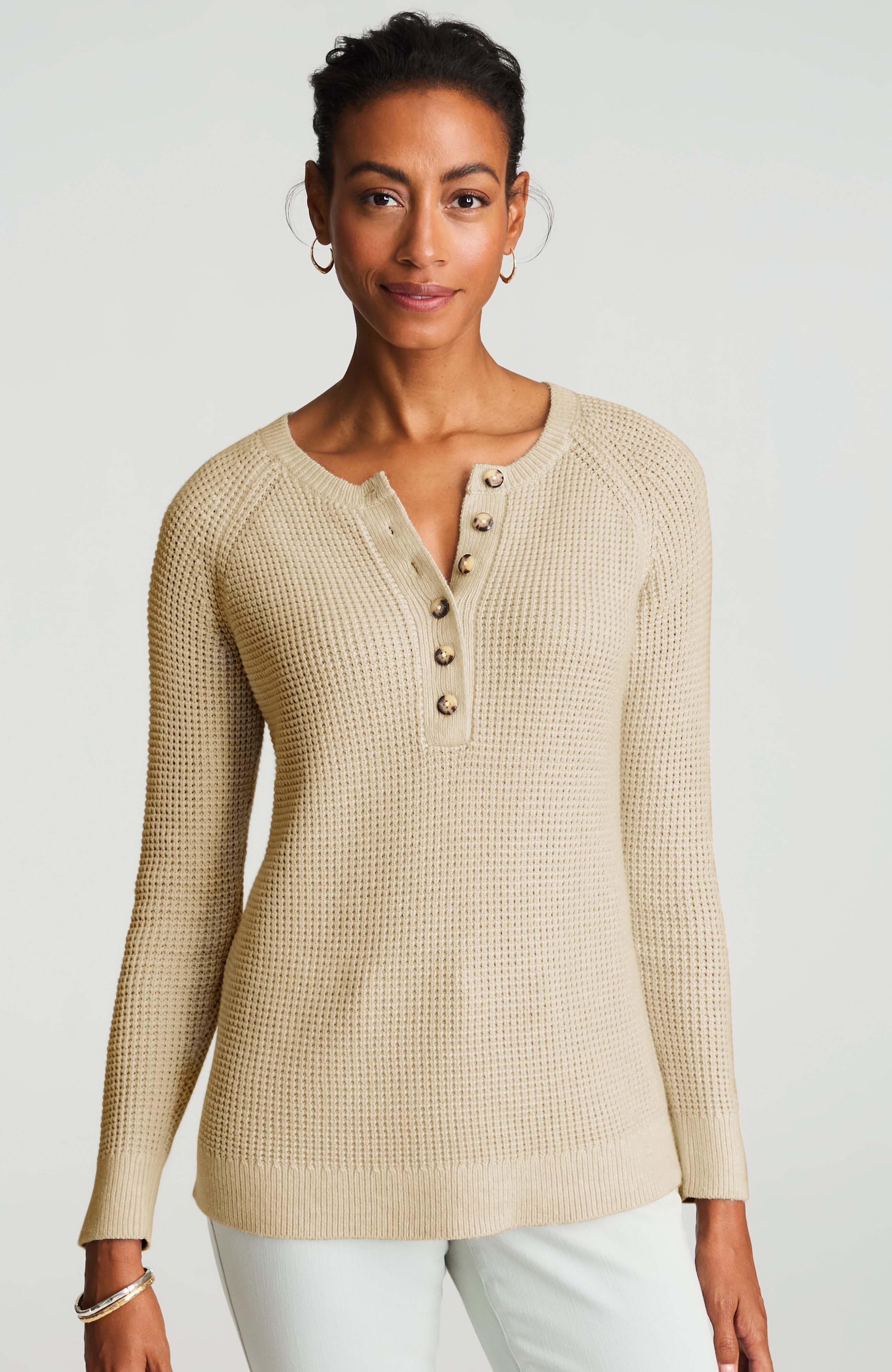 Waffle-Knit Henley Sweater | JJill