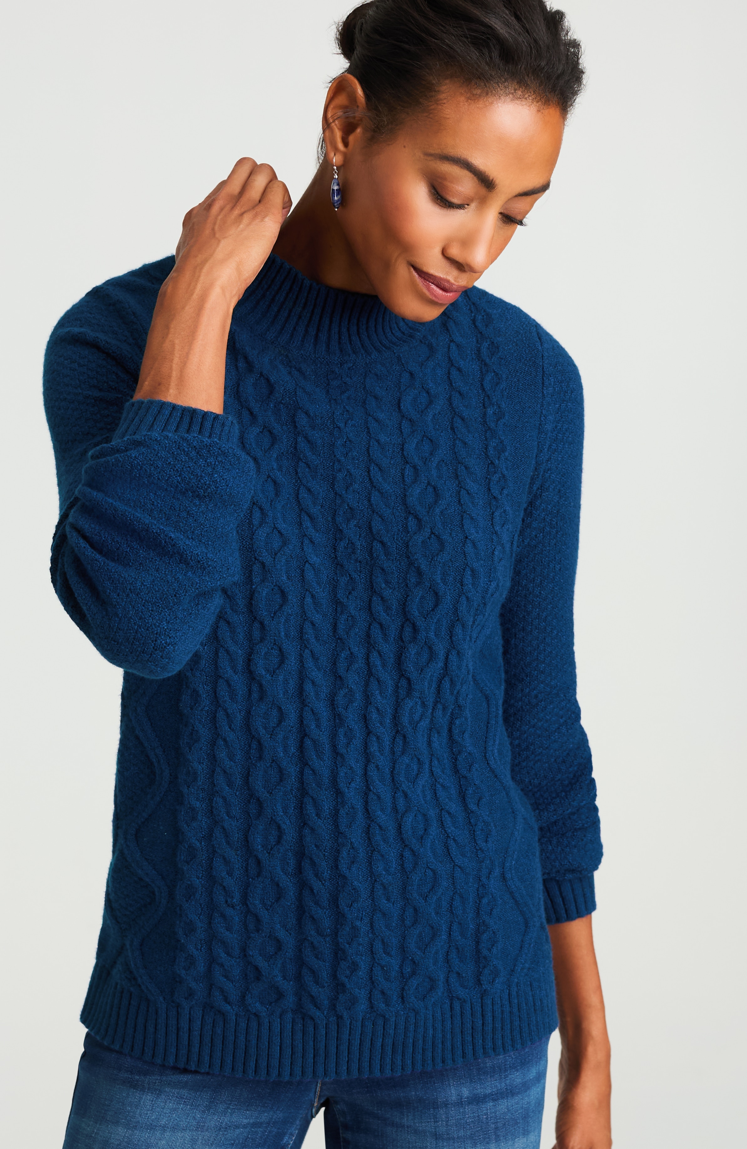 cabled mock-neck sweater