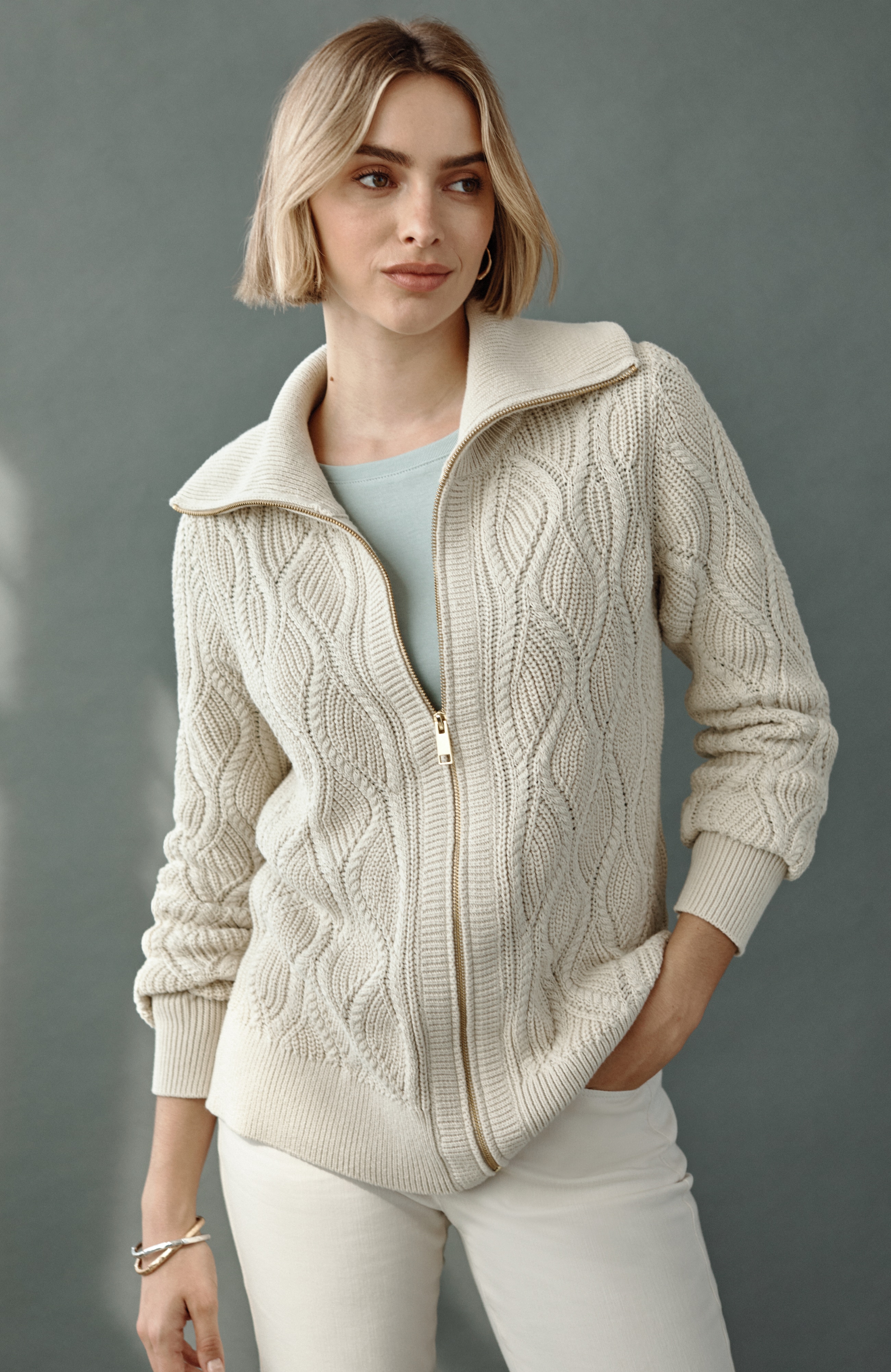 quilt-stitched zip-front cardi