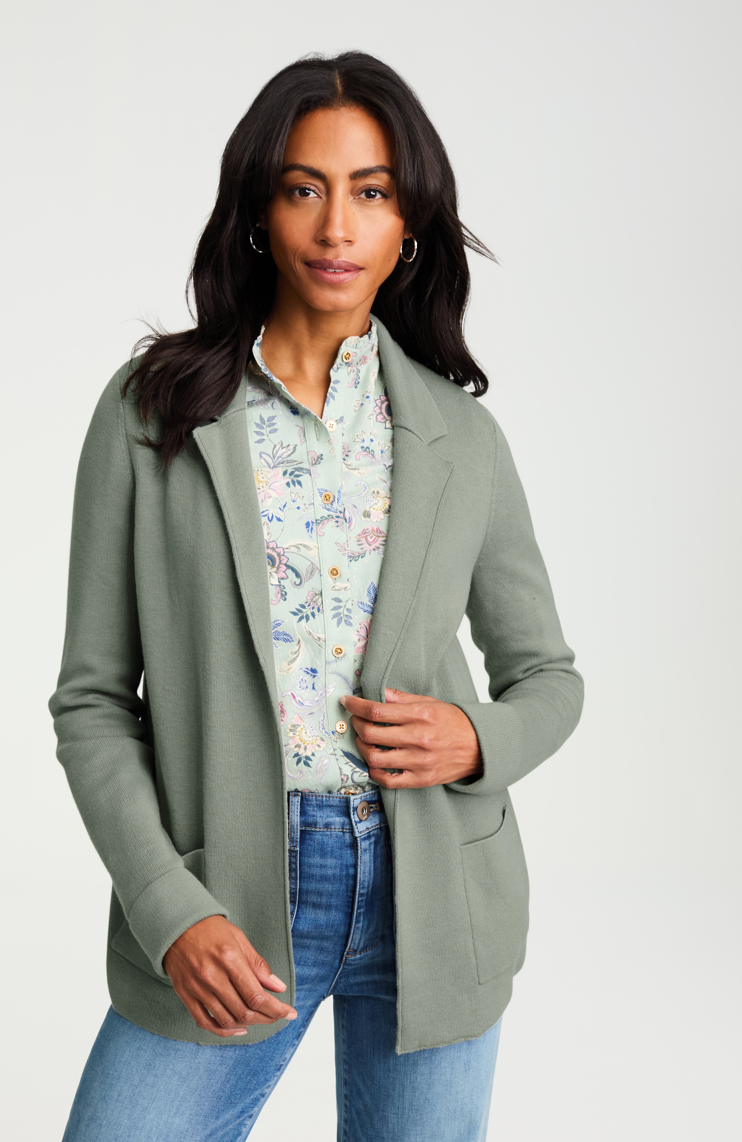 COTTON-BLEND NOTCHED-COLLAR CARDI | JJill