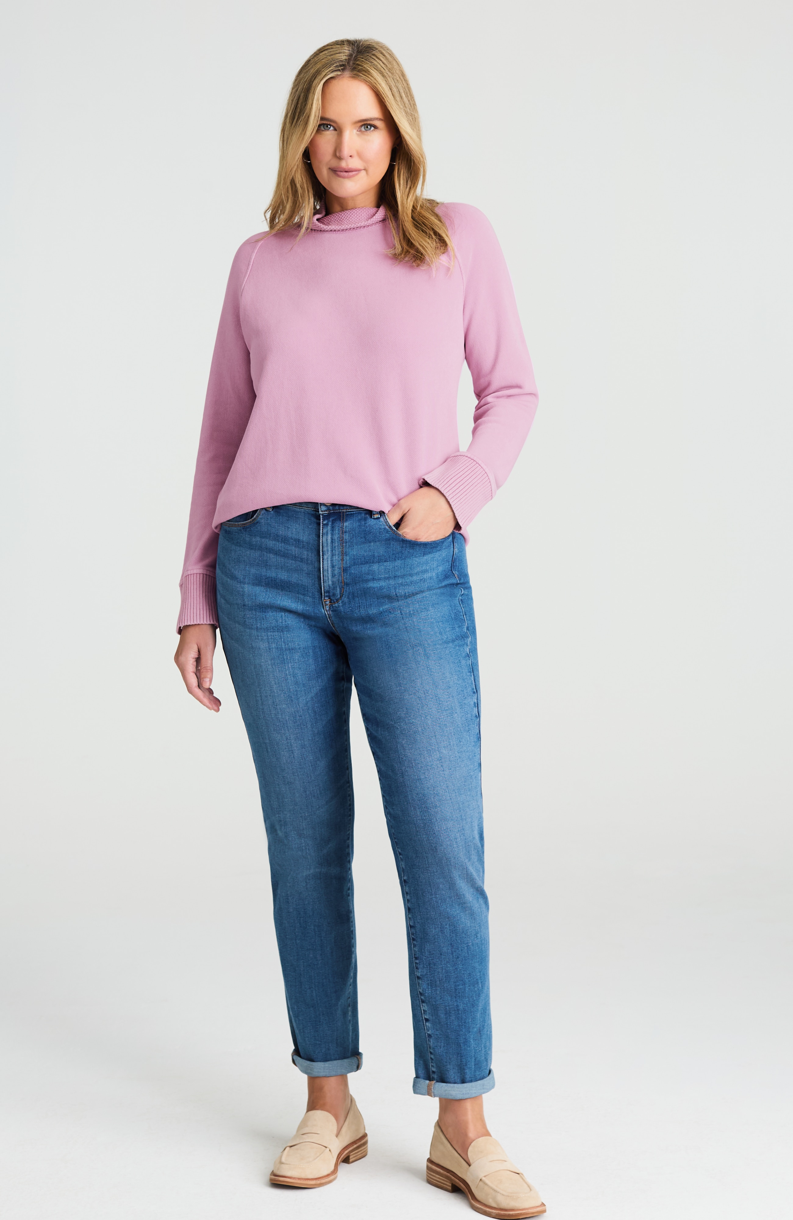 sweater-trim mock-neck top