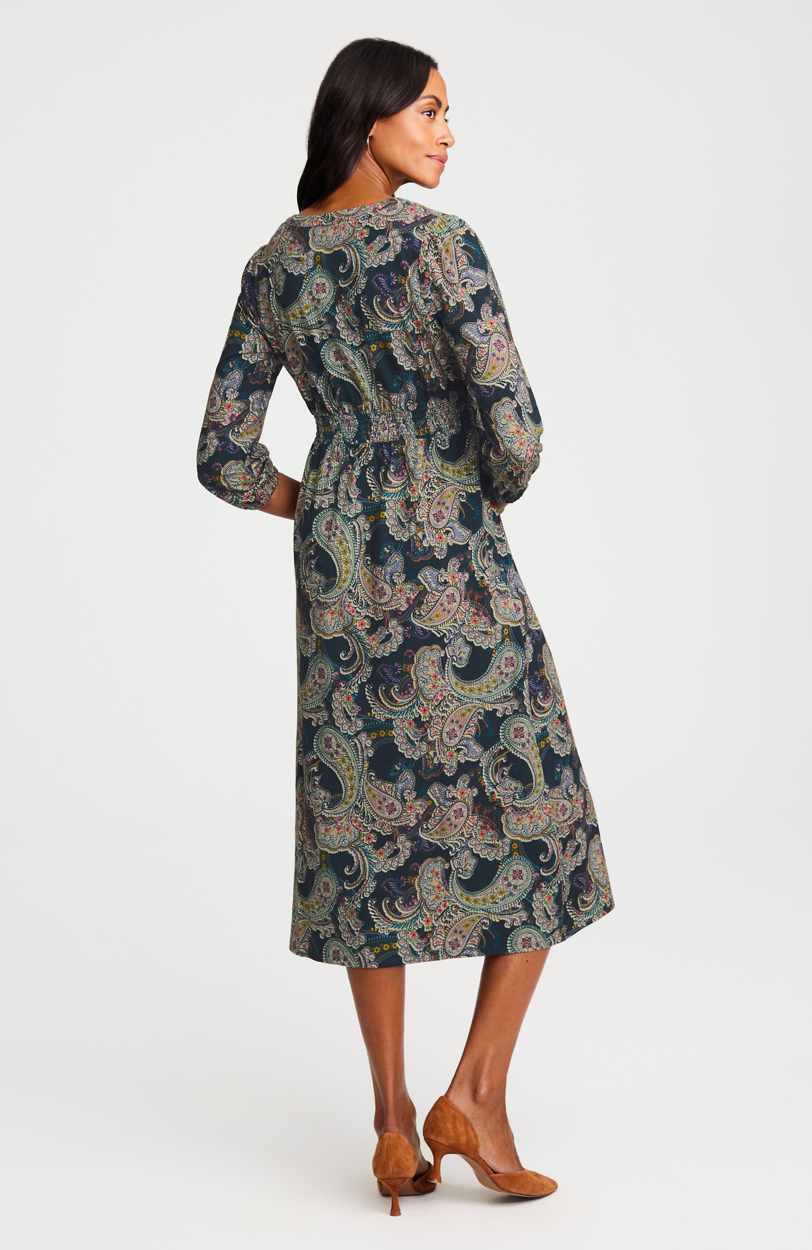 smocked-waist knit midi dress