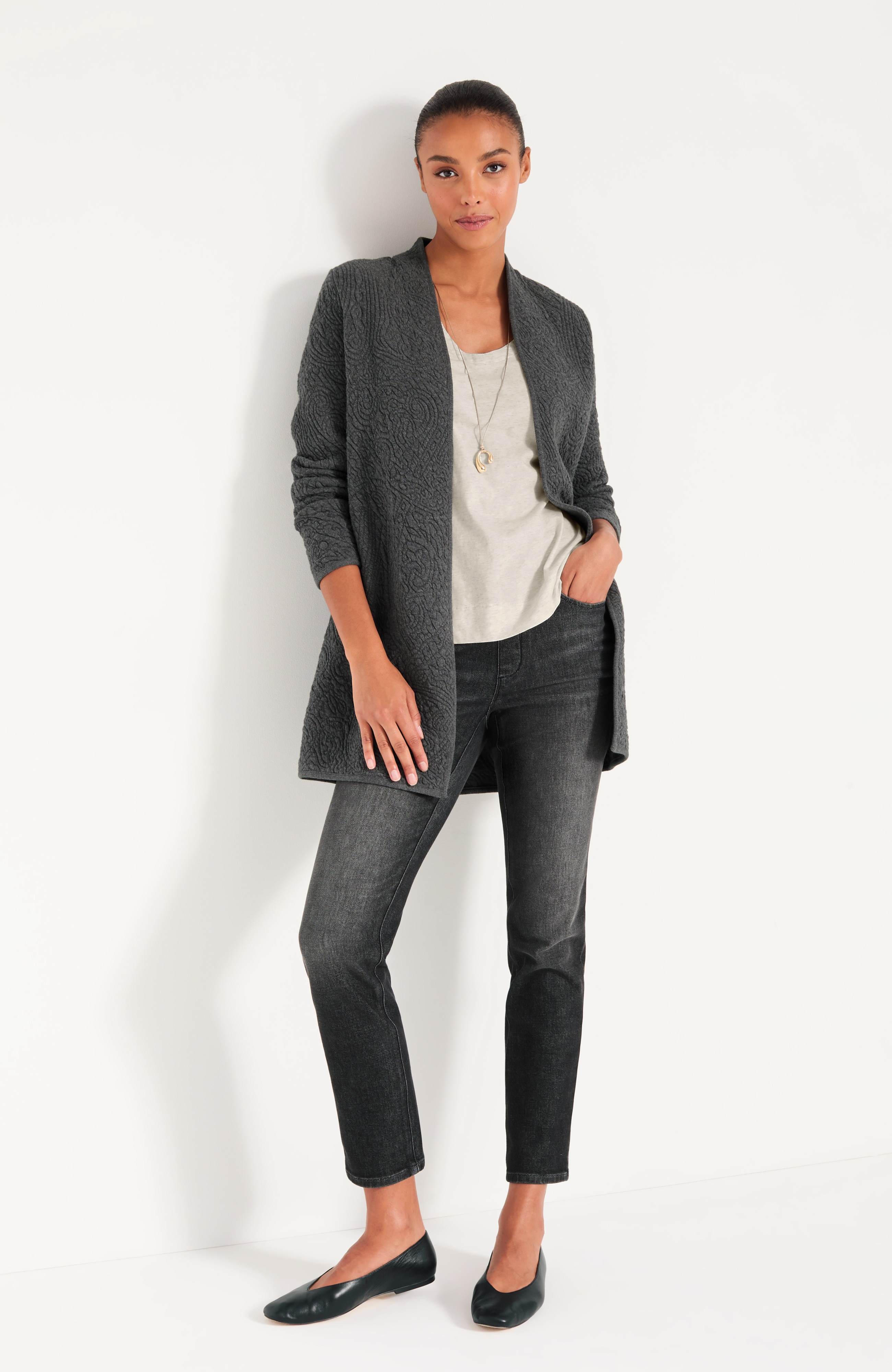 Quilted Open-Front Cardi