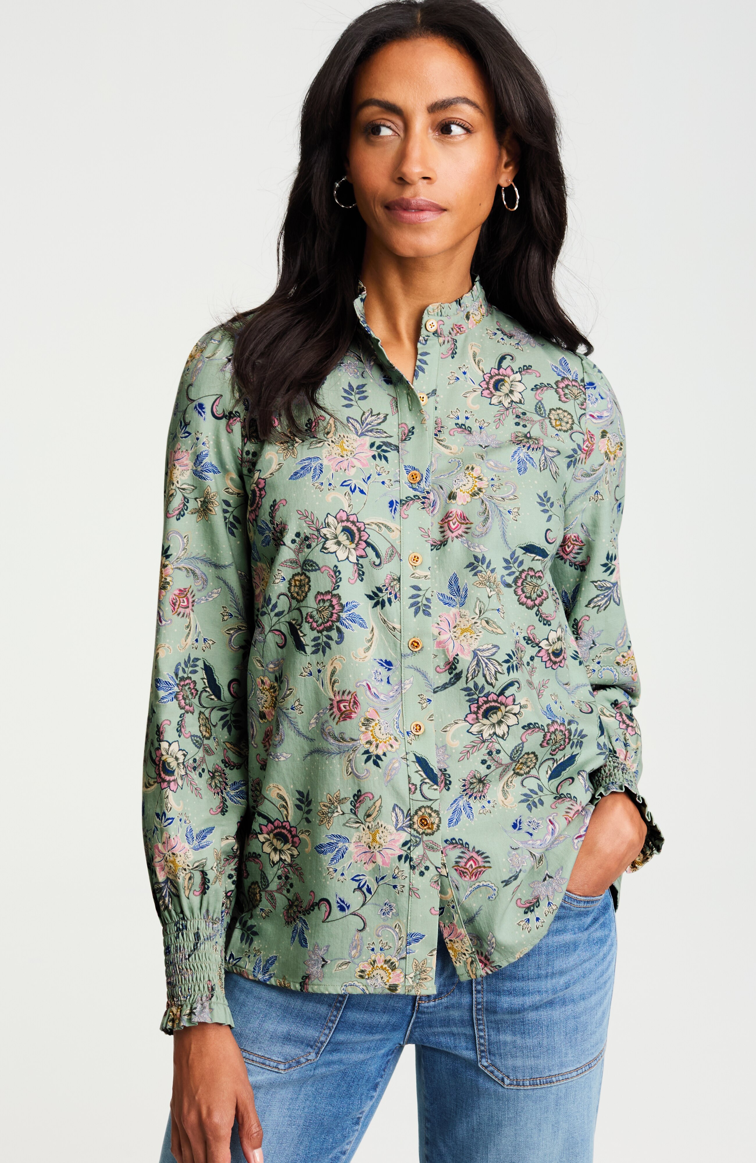 ruffled-neck blouse