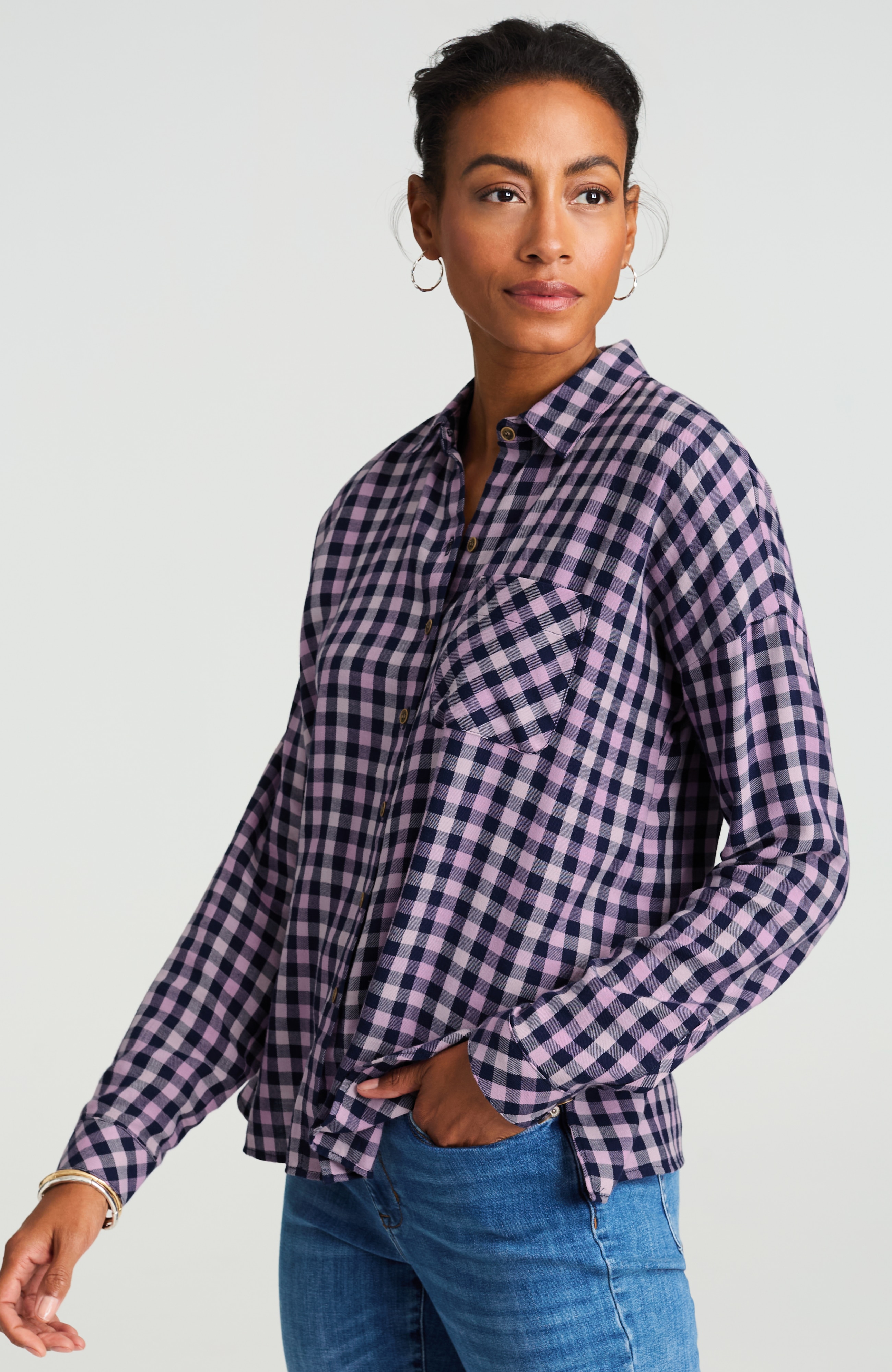 PLAID BRUSHED-TWILL SHIRT | JJill